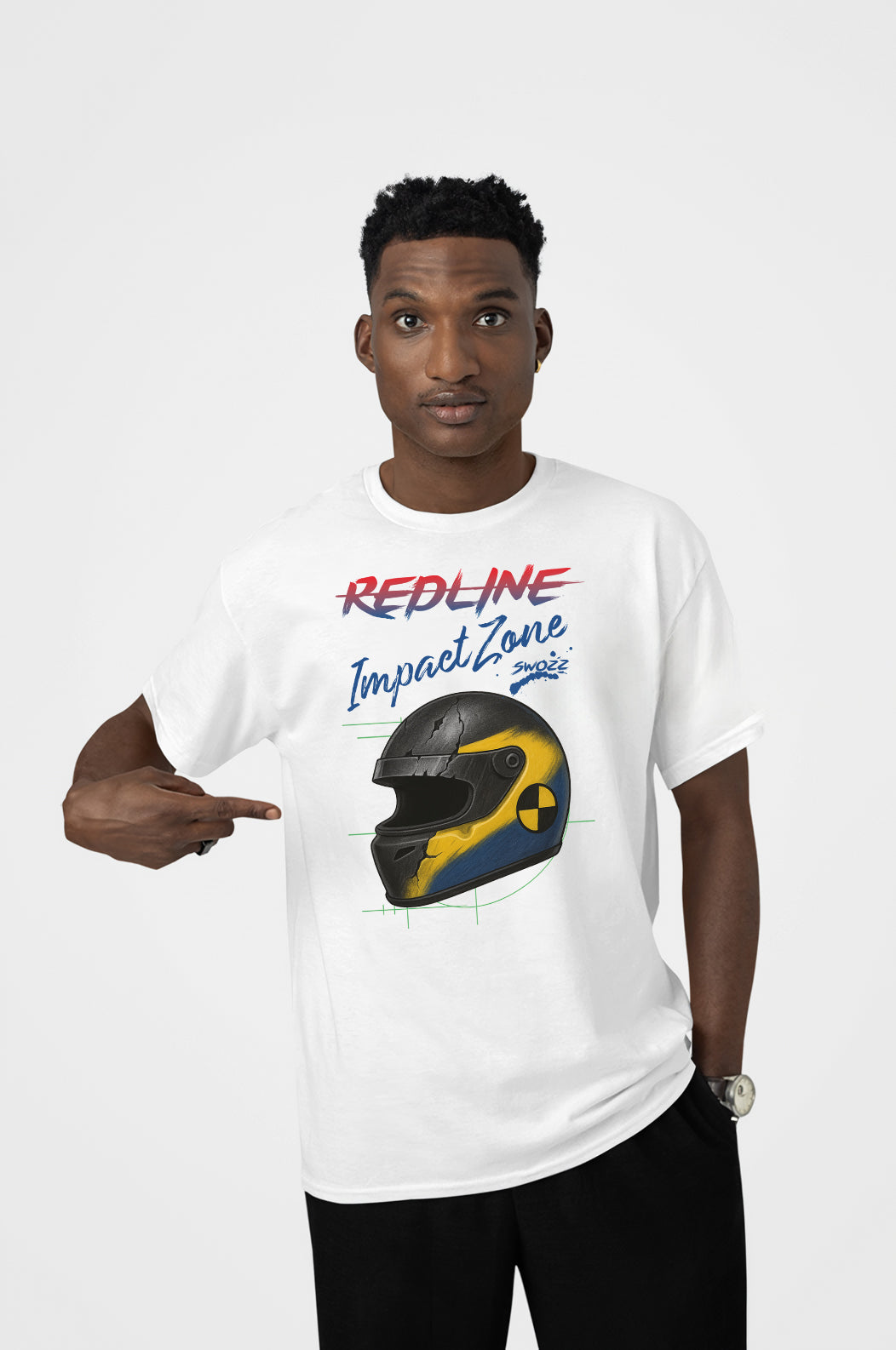 Redline Impact Zone Oversize Unisex Pamuklu Premium Beyaz Tişört – Yarış Kaskı Baskılı