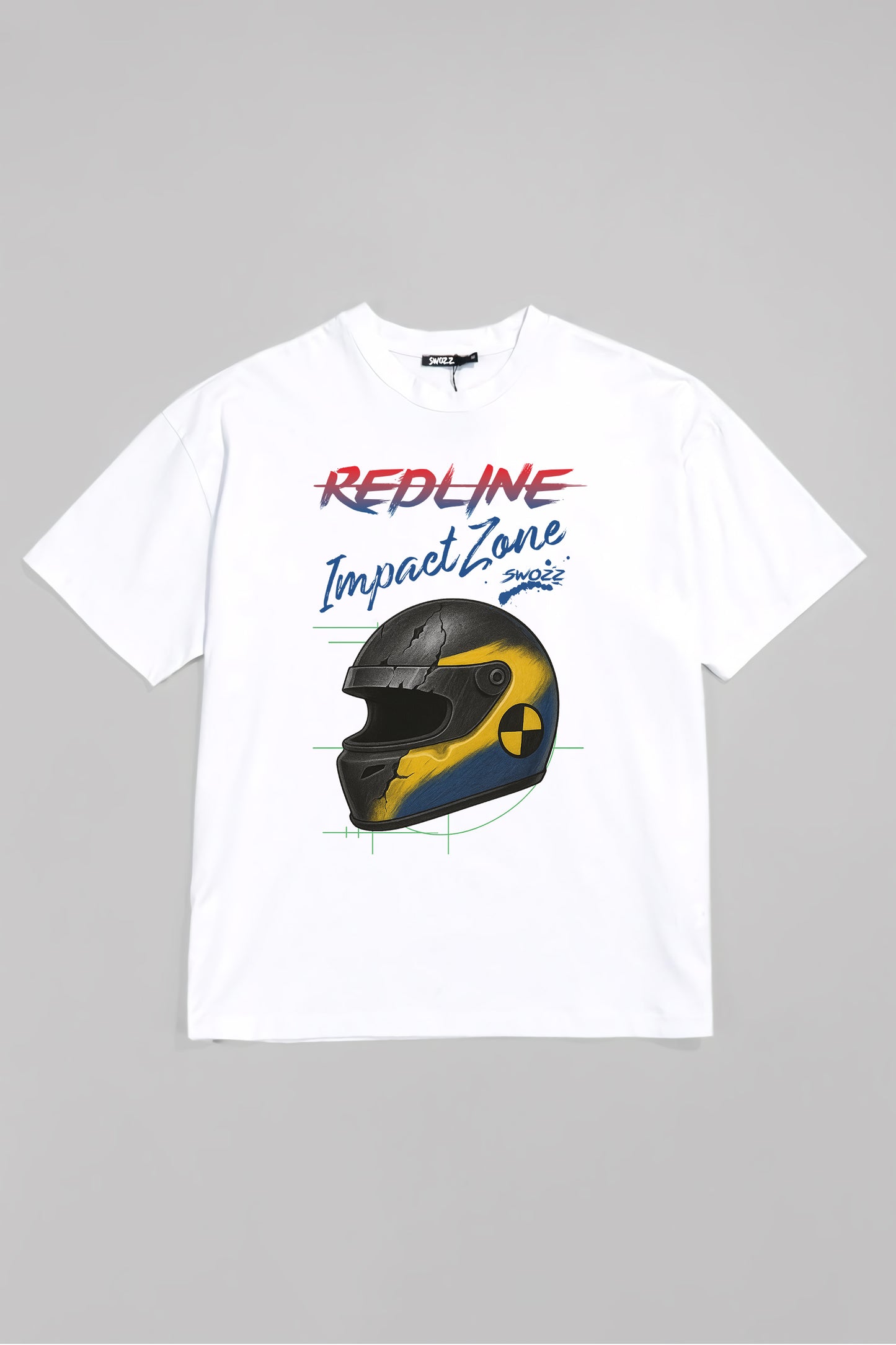 Redline Impact Zone Oversize Unisex Pamuklu Premium Beyaz Tişört – Yarış Kaskı Baskılı