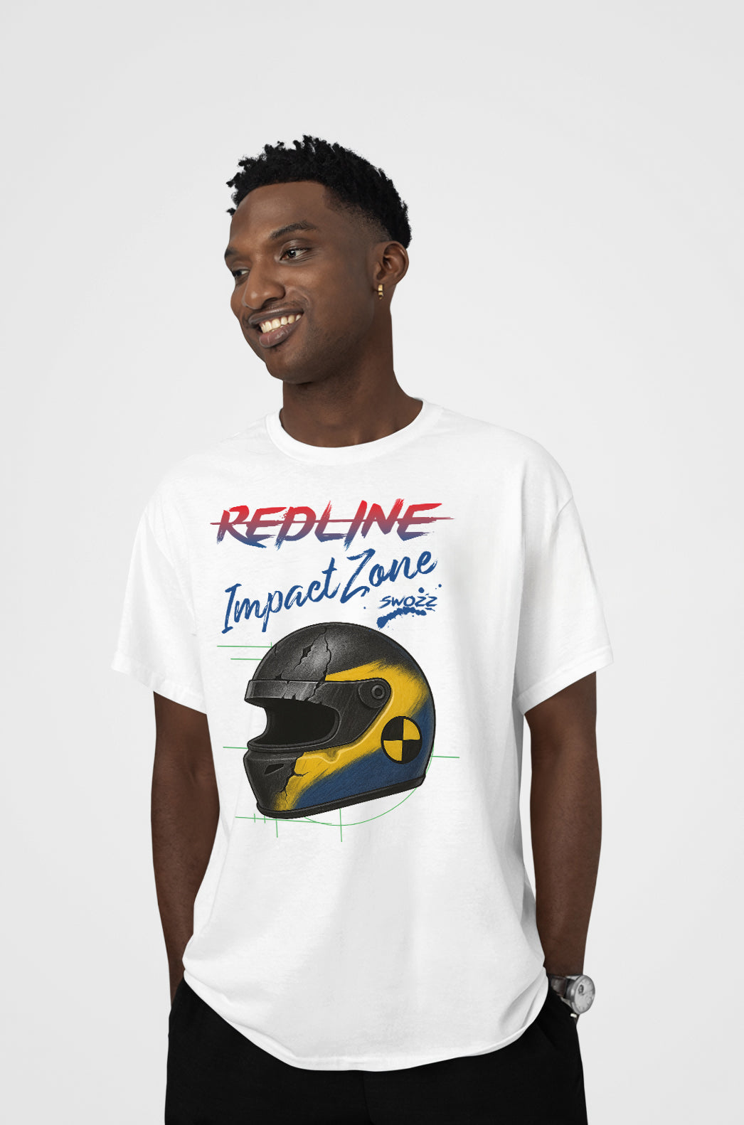 Redline Impact Zone Oversize Unisex Pamuklu Premium Beyaz Tişört – Yarış Kaskı Baskılı