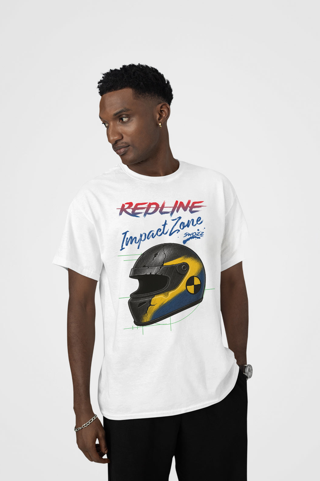 Redline Impact Zone Oversize Unisex Pamuklu Premium Beyaz Tişört – Yarış Kaskı Baskılı