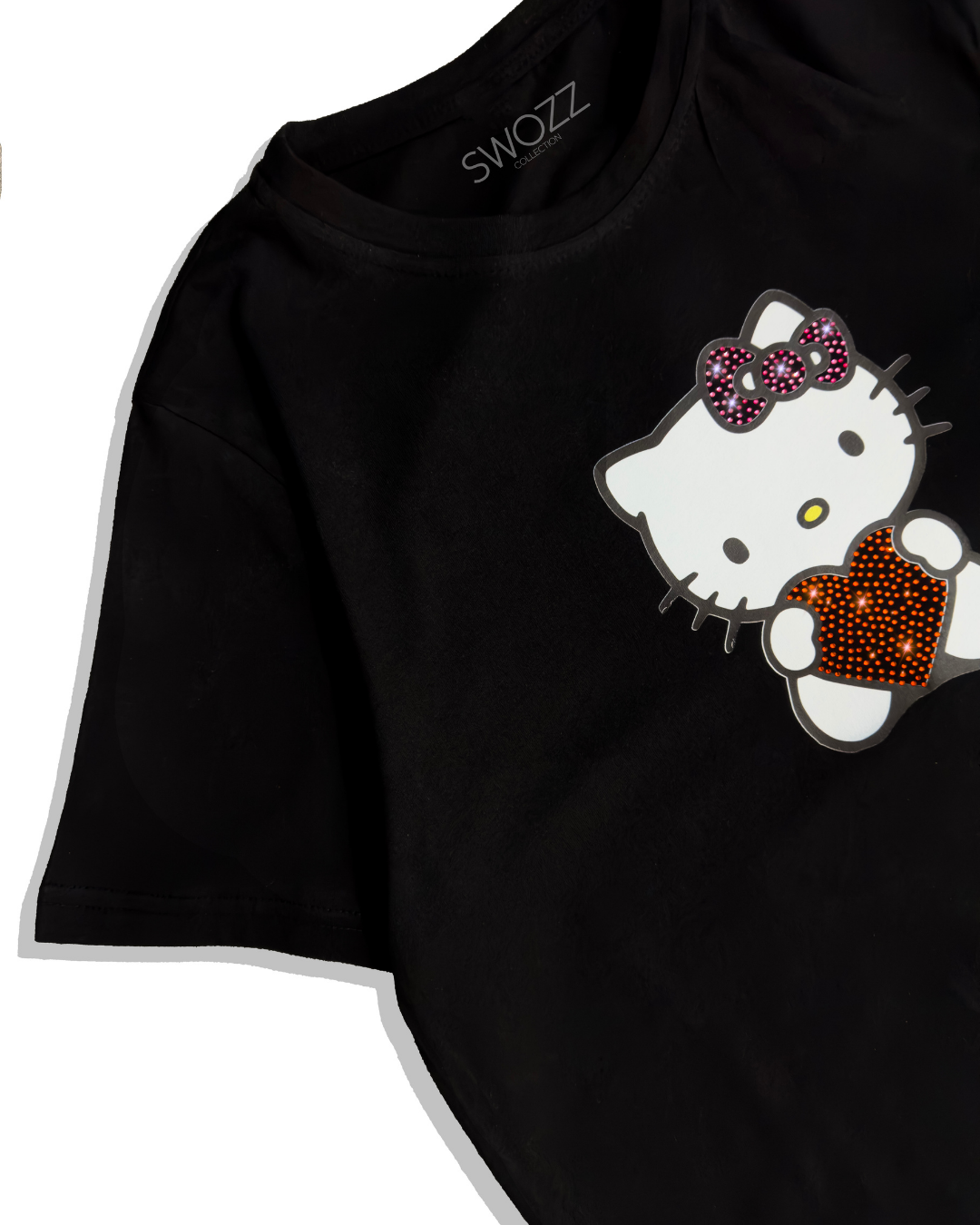 Hello Kitty Taş Kristal Taşlı Baskılı Kadın Premium T-shirt - Siyah