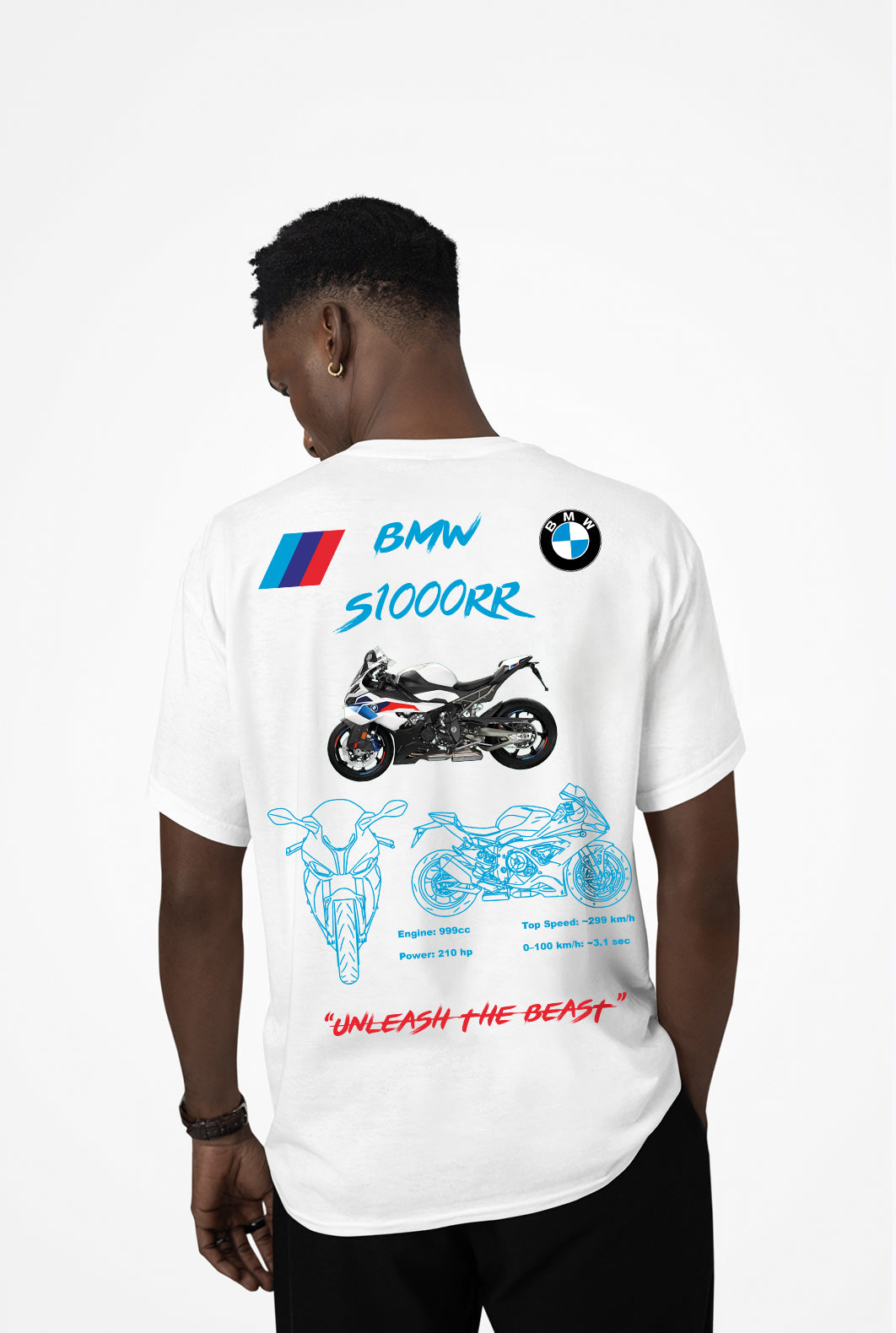 BMW S1000RR Tasarımlı Regular Unisex Tişört – Unleash The Beast Motosiklet Temalı Beyaz Siyah Model