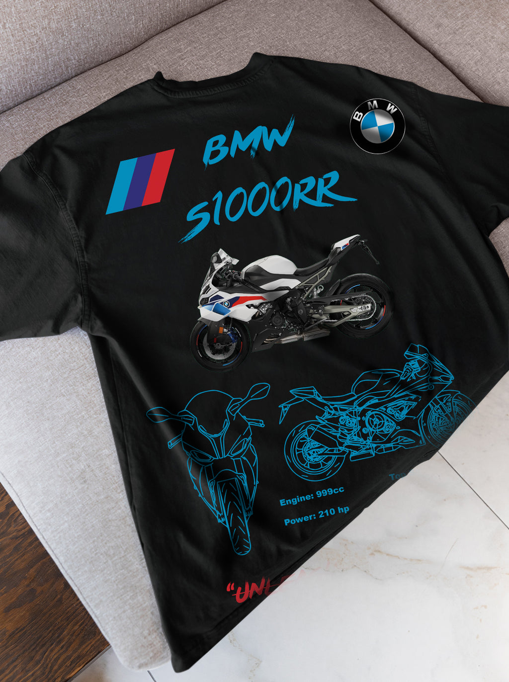 BMW S1000RR Tasarımlı Regular Unisex Tişört – Unleash The Beast Motosiklet Temalı Beyaz Siyah Model
