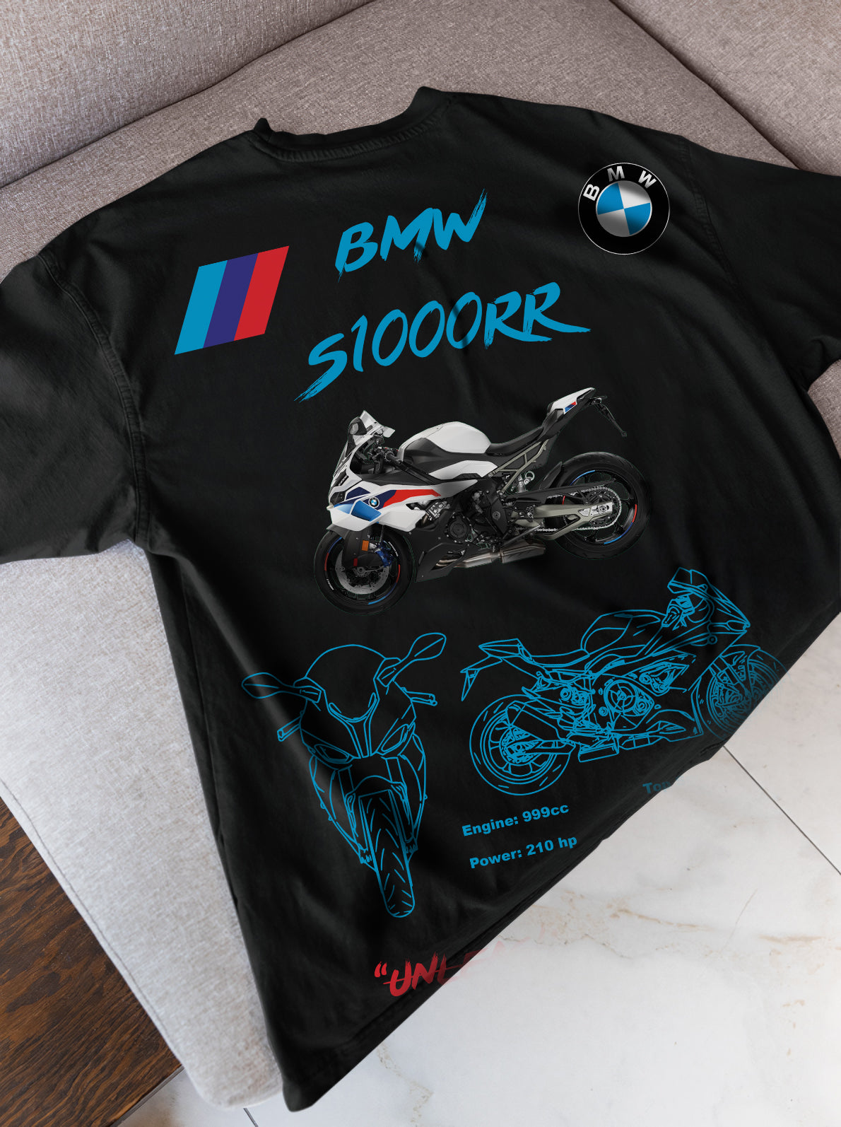 BMW S1000RR Tasarımlı Regular Unisex Tişört – Unleash The Beast Motosiklet Temalı Beyaz Siyah Model
