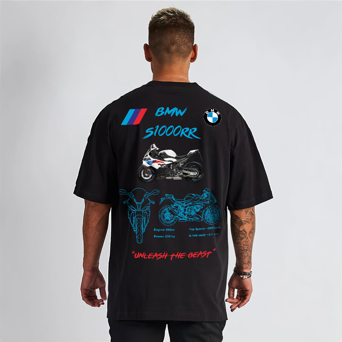 BMW S1000RR Tasarımlı Regular Unisex Tişört – Unleash The Beast Motosiklet Temalı Beyaz Siyah Model
