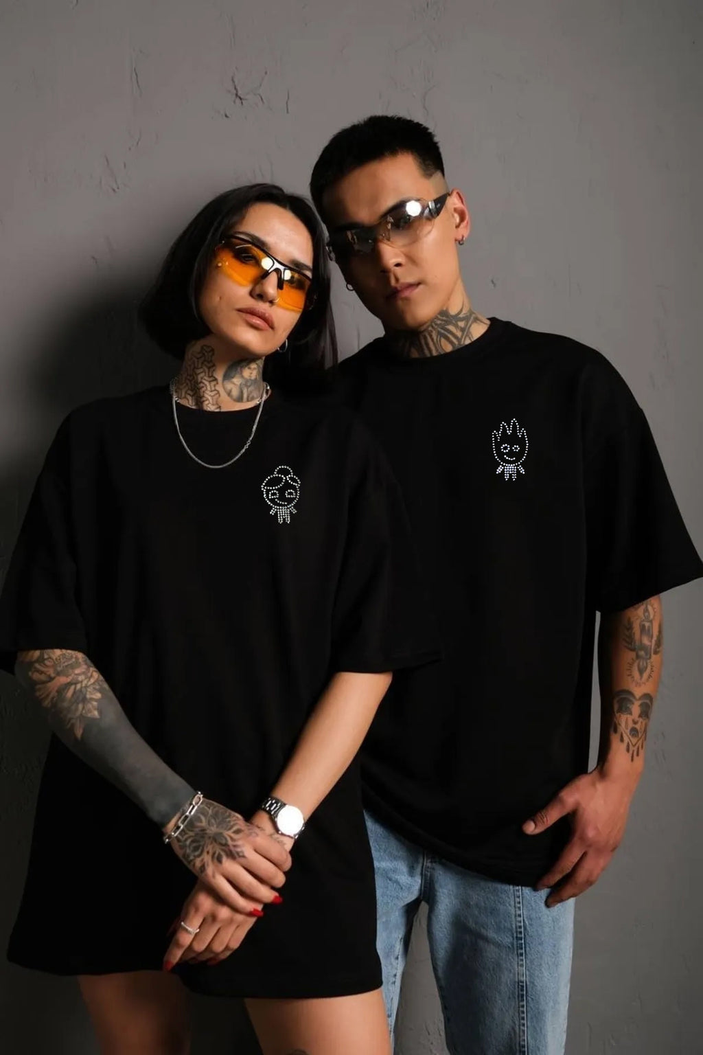 Ateş ve Su Taş Baskılı Tshirt Sevgili Kombini Çift Tshirt