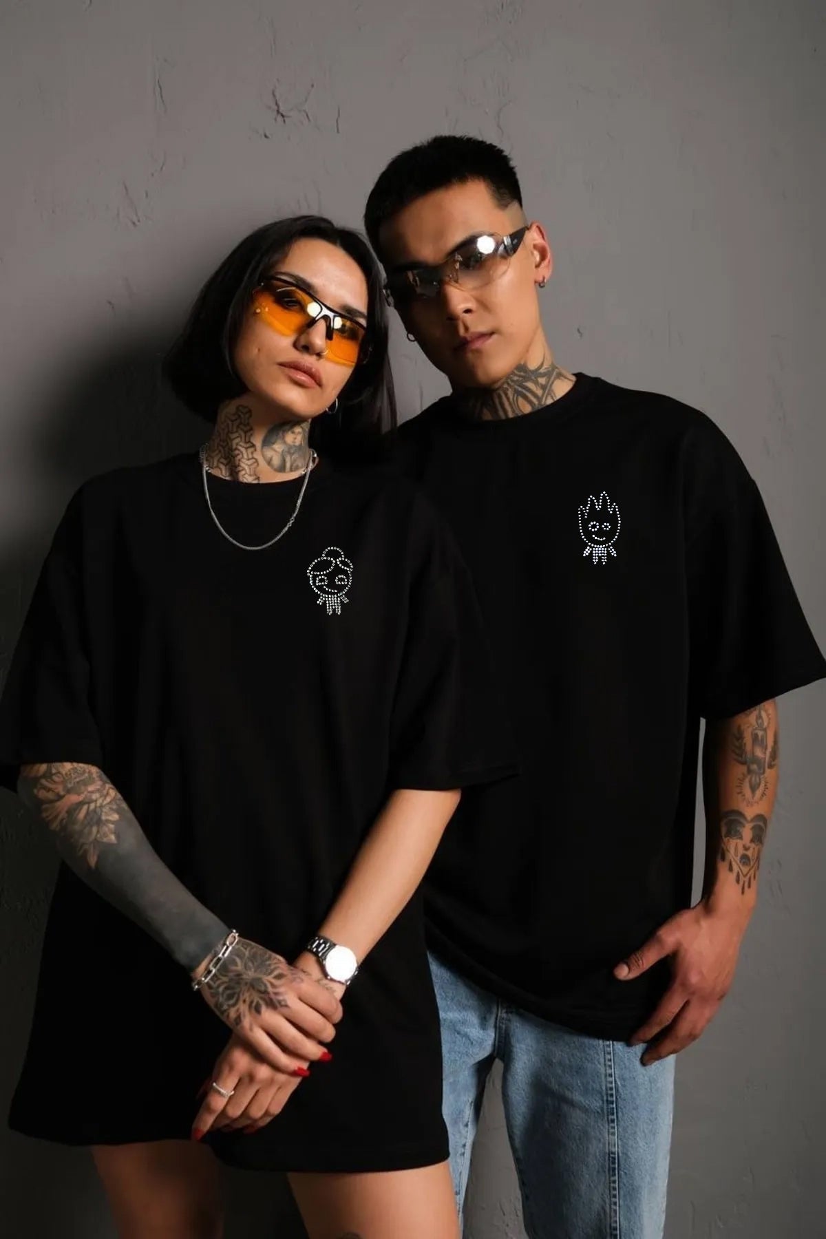 Ateş ve Su Taş Baskılı Tshirt Sevgili Kombini Çift Tshirt