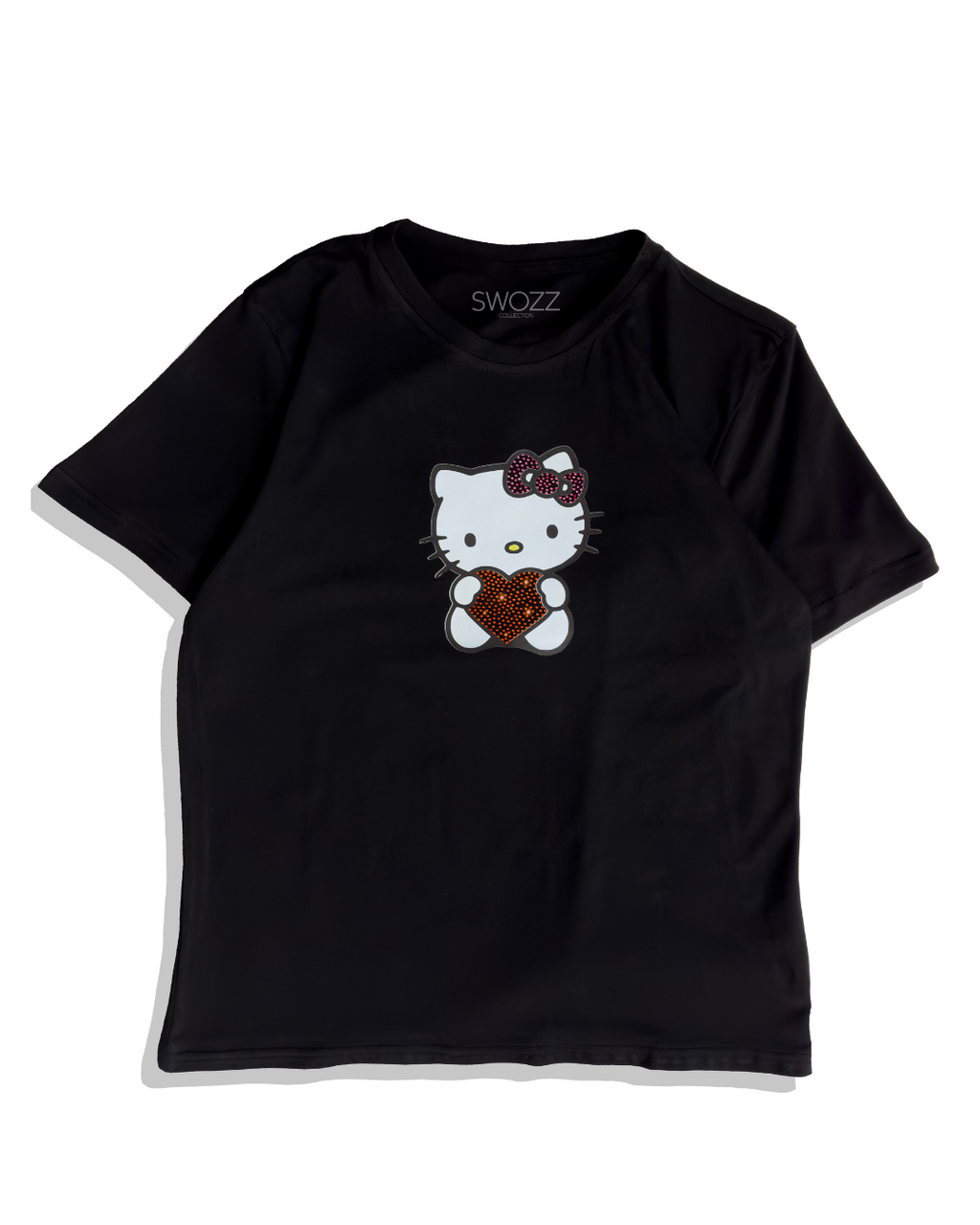 Hello Kitty Taş Kristal Taşlı Baskılı Kadın Premium T-shirt - Siyah