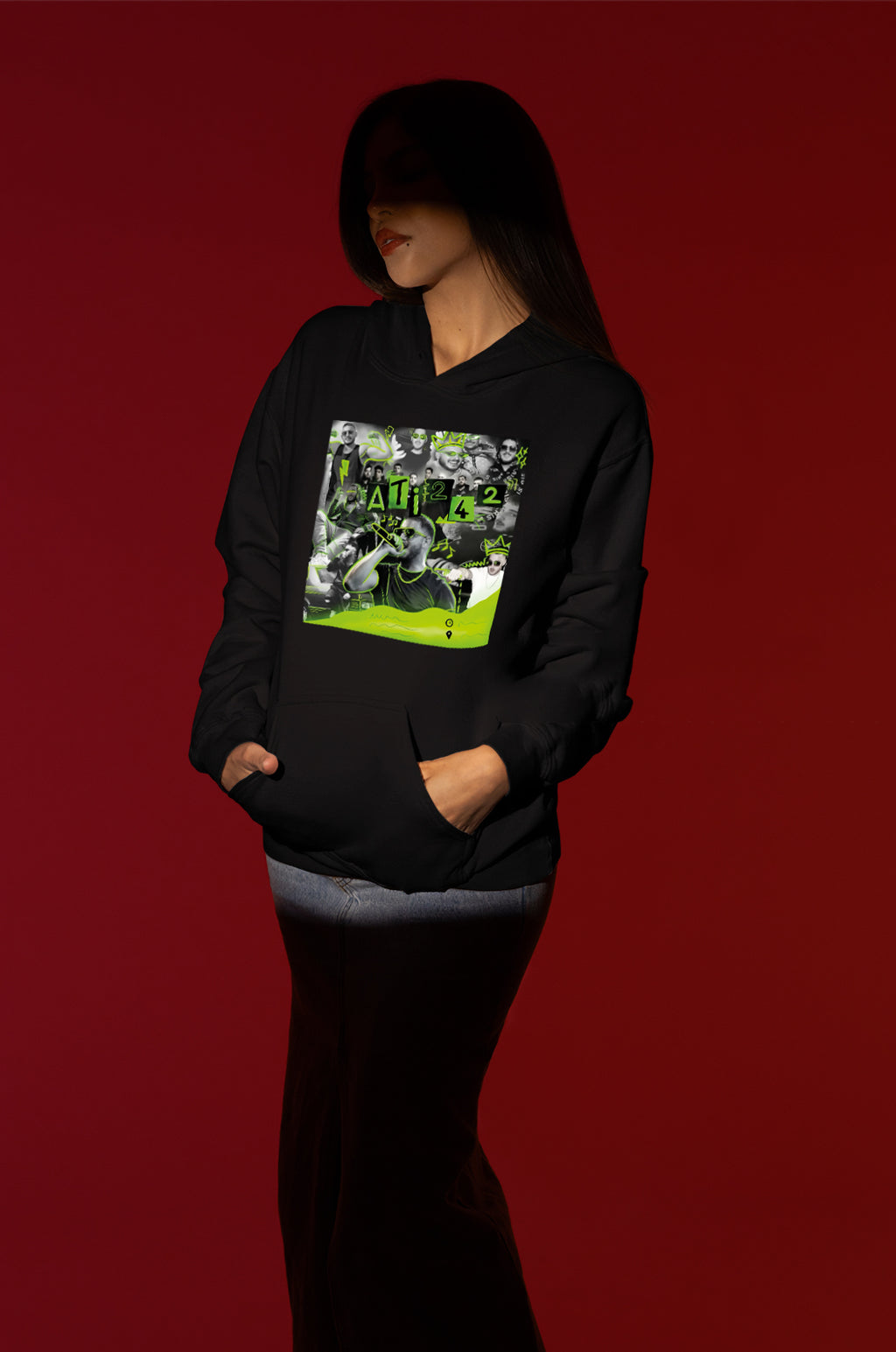 ATI242 Neon Collage Hoodie – Unisex Oversize Siyah