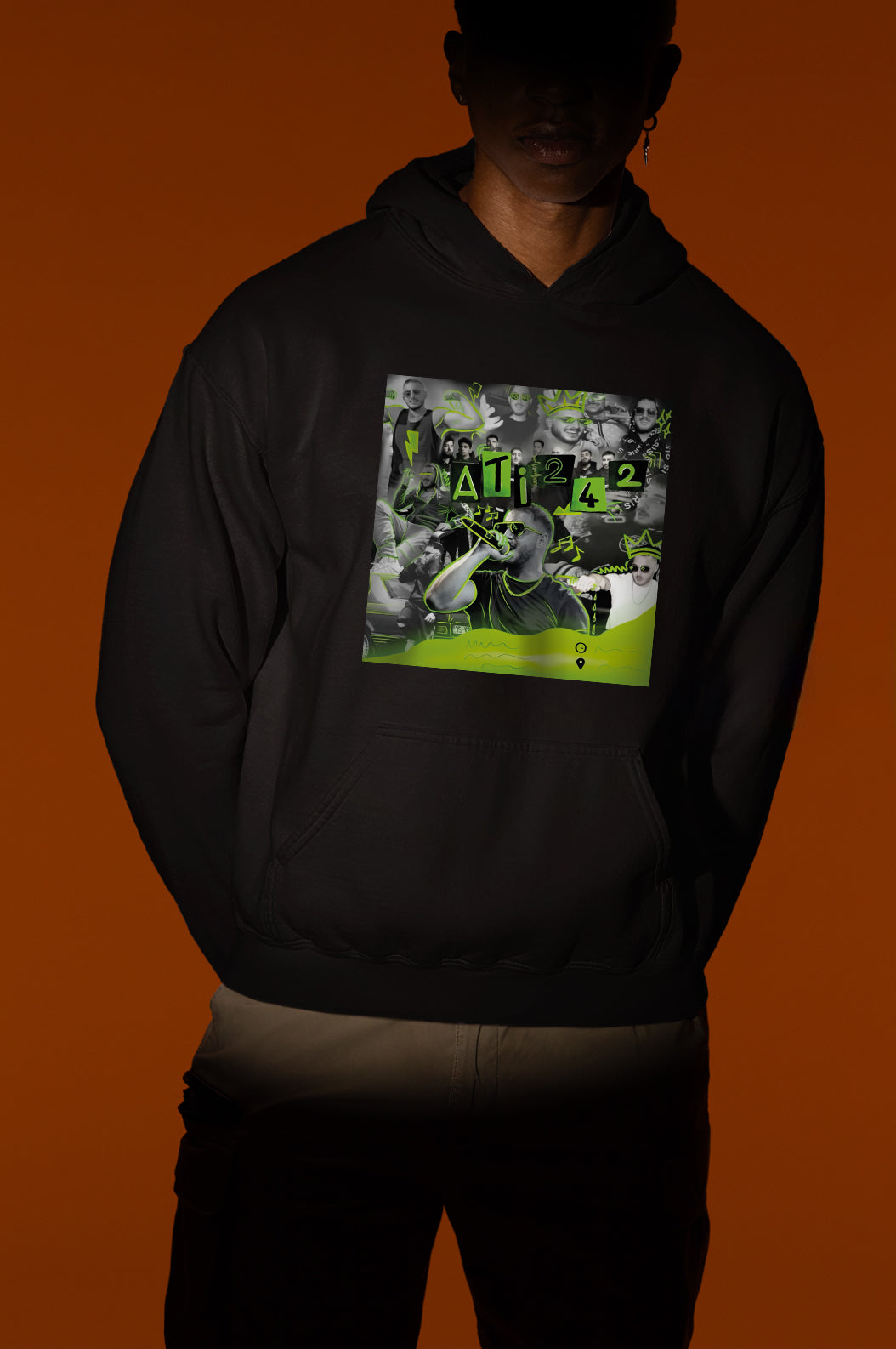 ATI242 Neon Collage Hoodie – Unisex Oversize Siyah