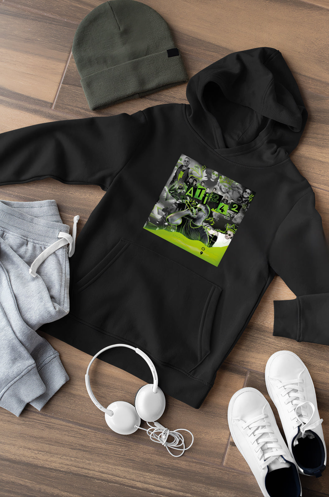 ATI242 Neon Collage Hoodie – Unisex Oversize Siyah