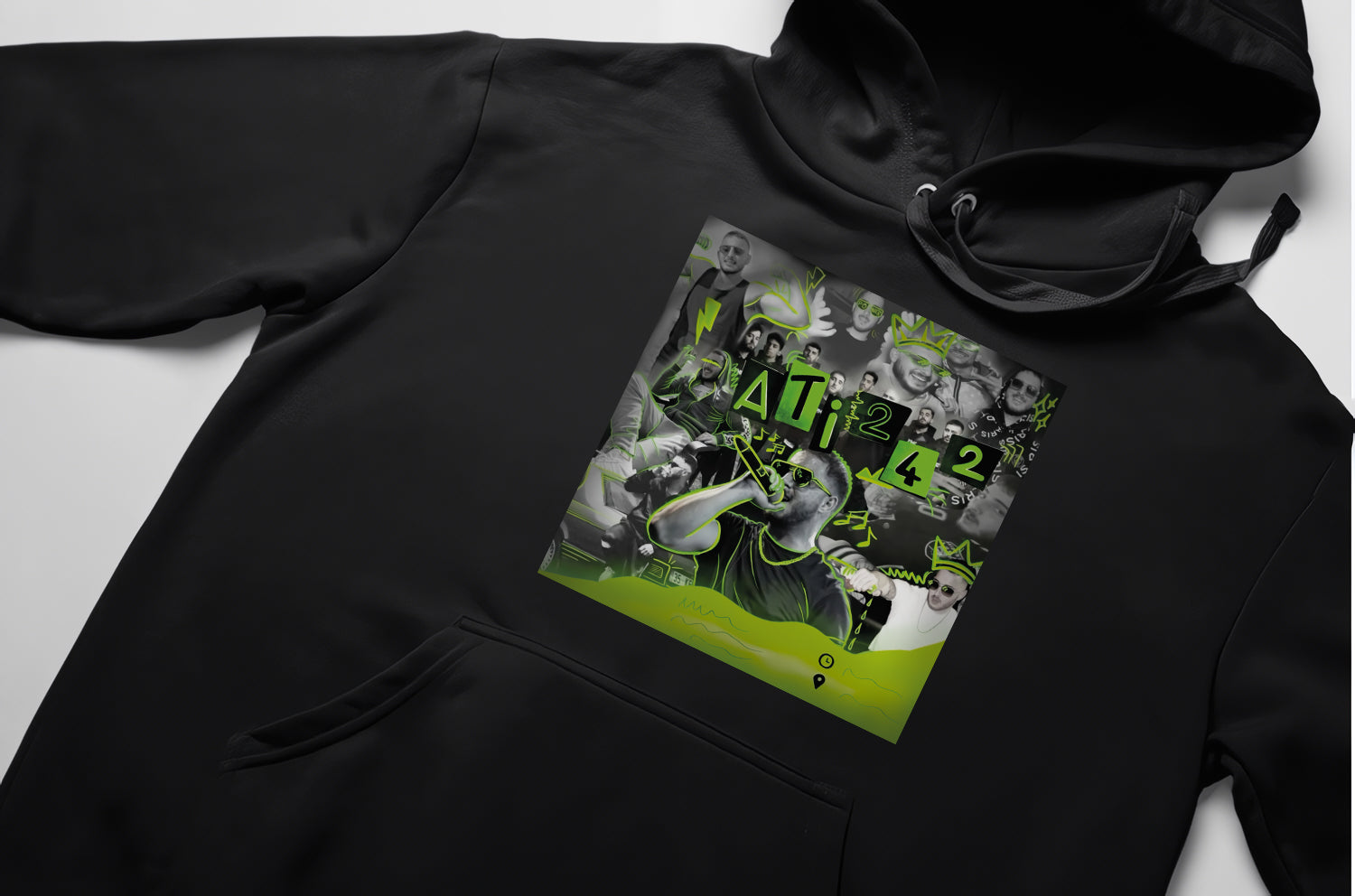 ATI242 Neon Collage Hoodie – Unisex Oversize Siyah