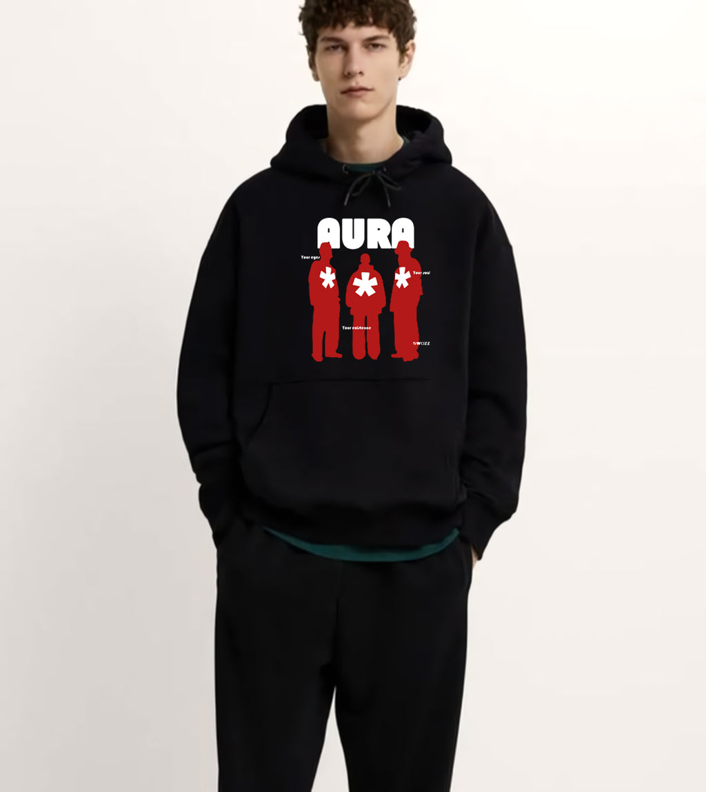 Aura Oversize Siyah Hoodie Kapşonlu Sweatshirt Kalın Kumaş