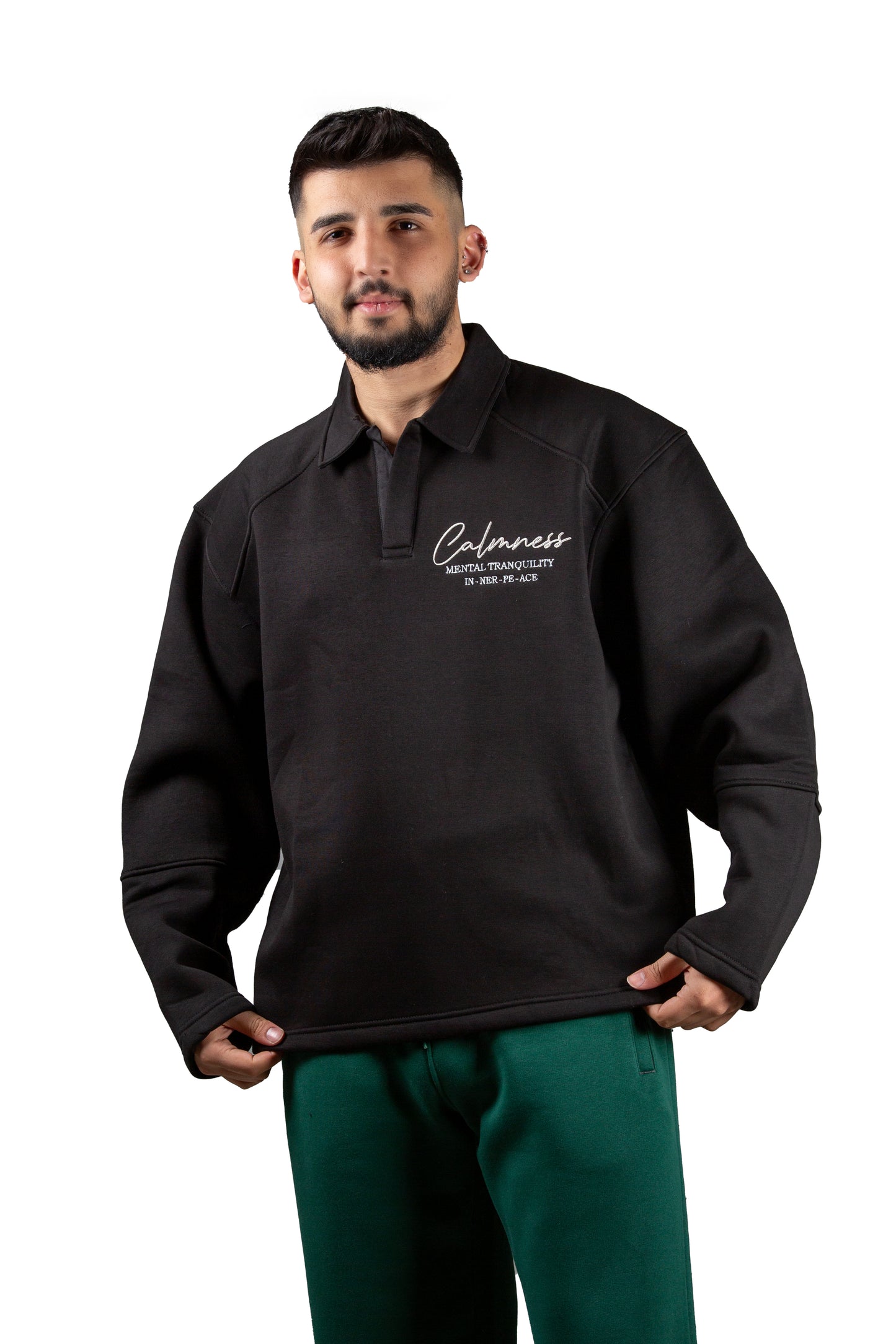 Calmness Nakış Detaylı Polo Yaka Unisex Oversize Sweatshirt – Premium 3 İplik Şardonlu Kumaş