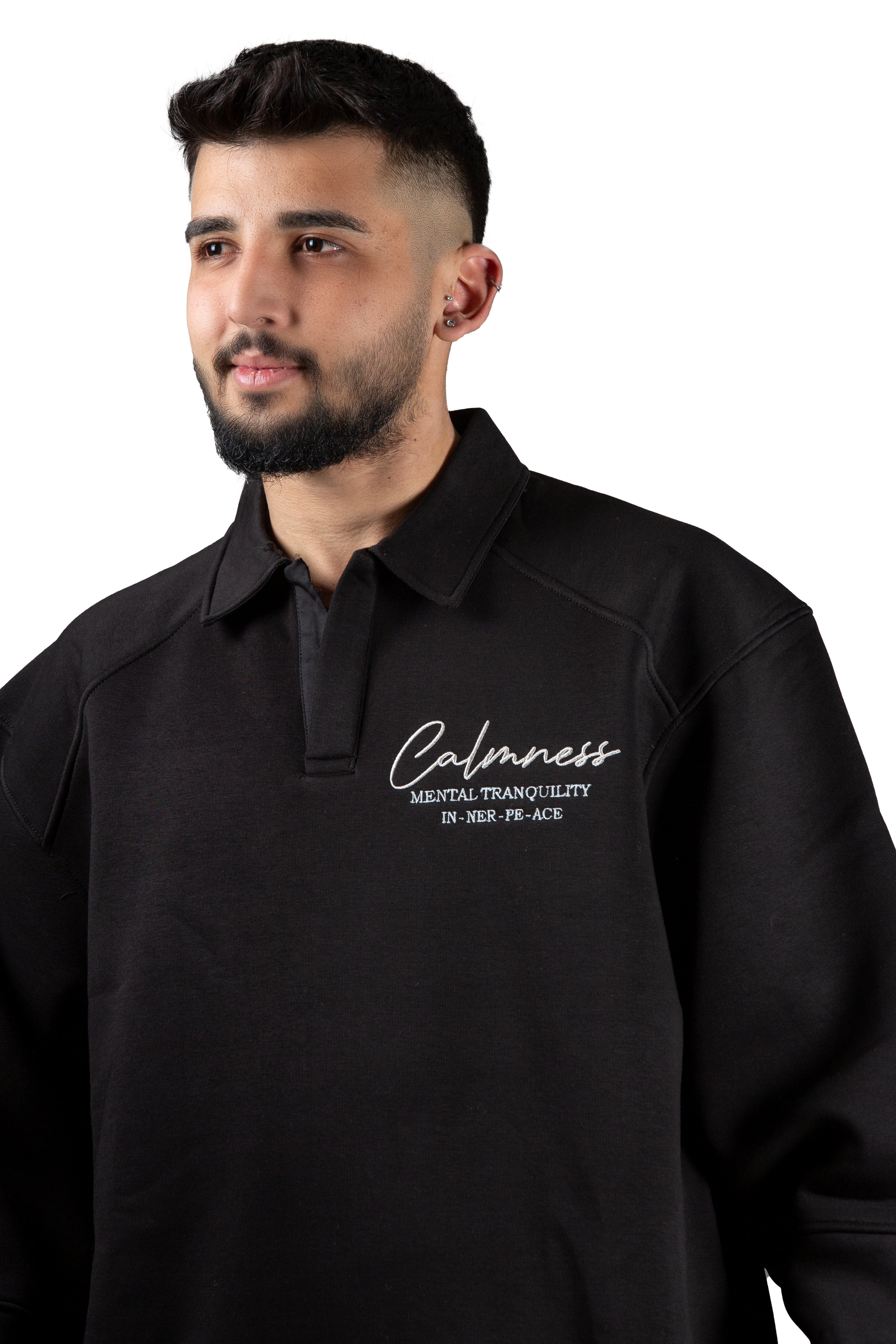 Calmness Nakış Detaylı Polo Yaka Unisex Oversize Sweatshirt – Premium 3 İplik Şardonlu Kumaş