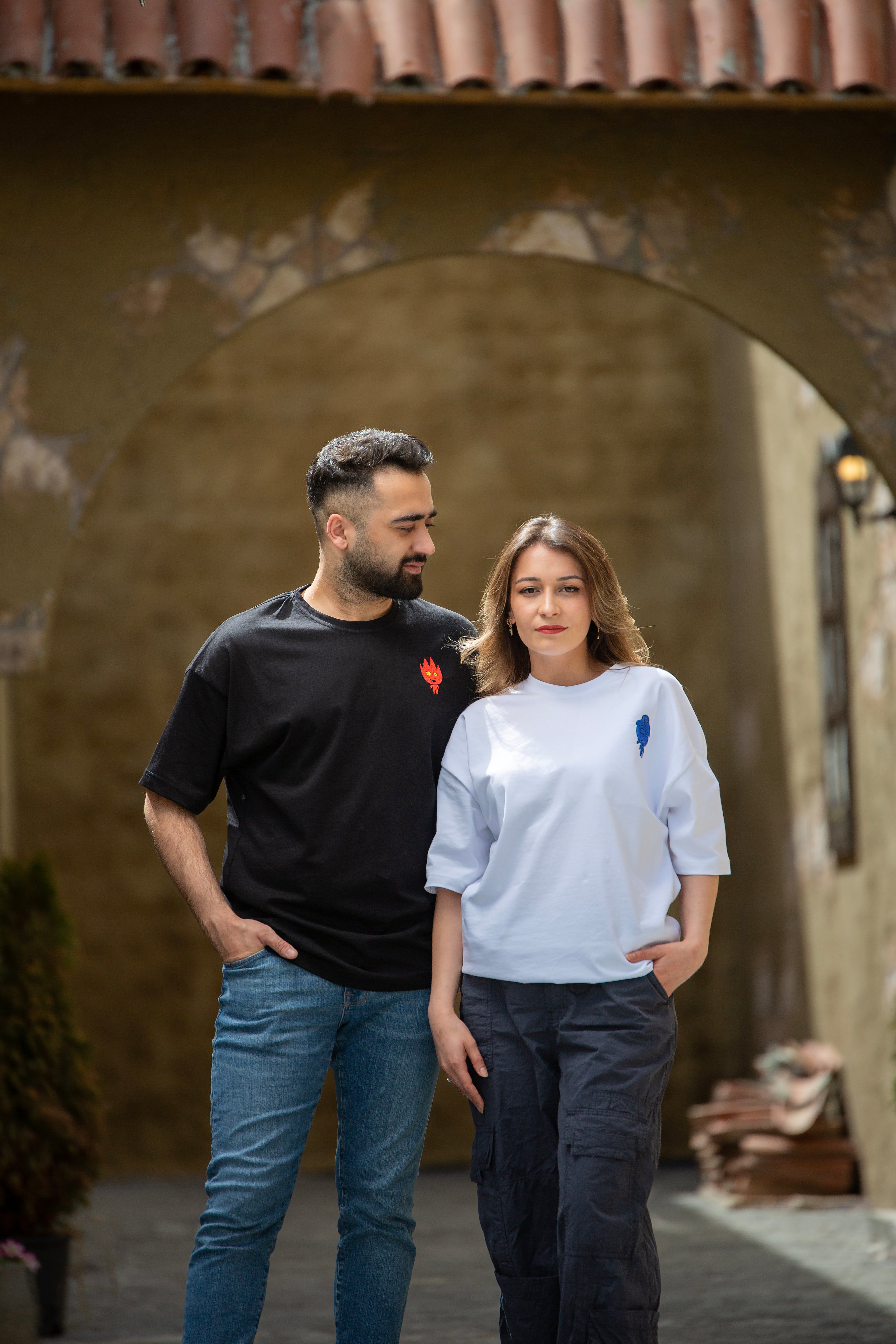 Ateş ve Su Nakışlı Premium Çift Kombini 2 Adet Tshirt Sevgili Kombini