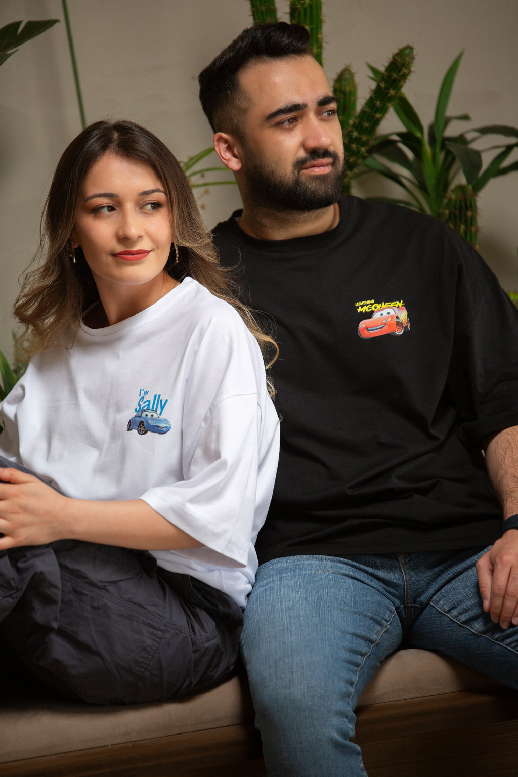 I'm Sally Ve Şimşek McQueen Cars Baskılı Siyah Beyaz 2'li Sevgili Kombini Çift Tshirt 2 Adet