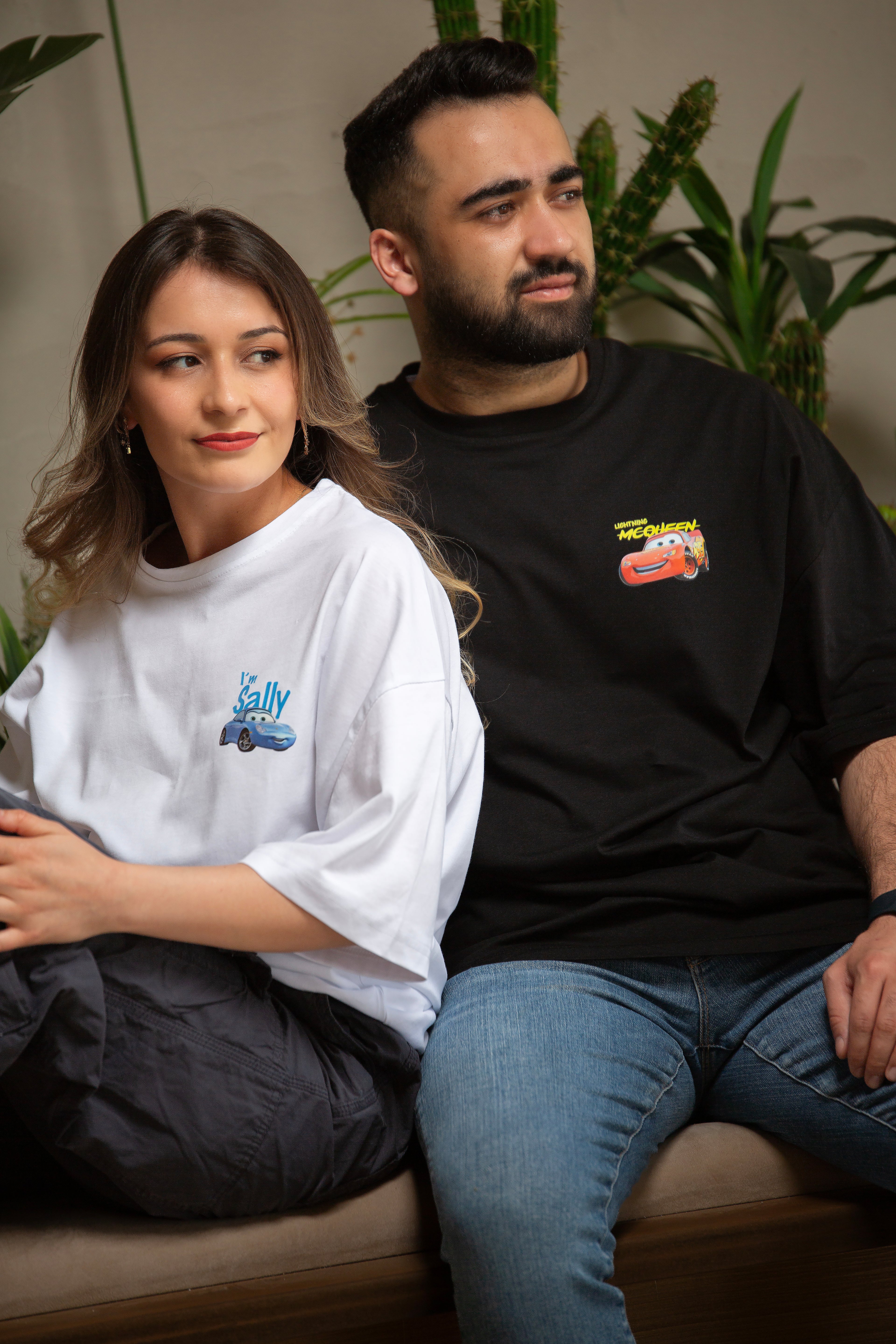 I'm Sally Ve Şimşek McQueen Cars Baskılı Siyah Beyaz 2'li Sevgili Kombini Çift Tshirt 2 Adet