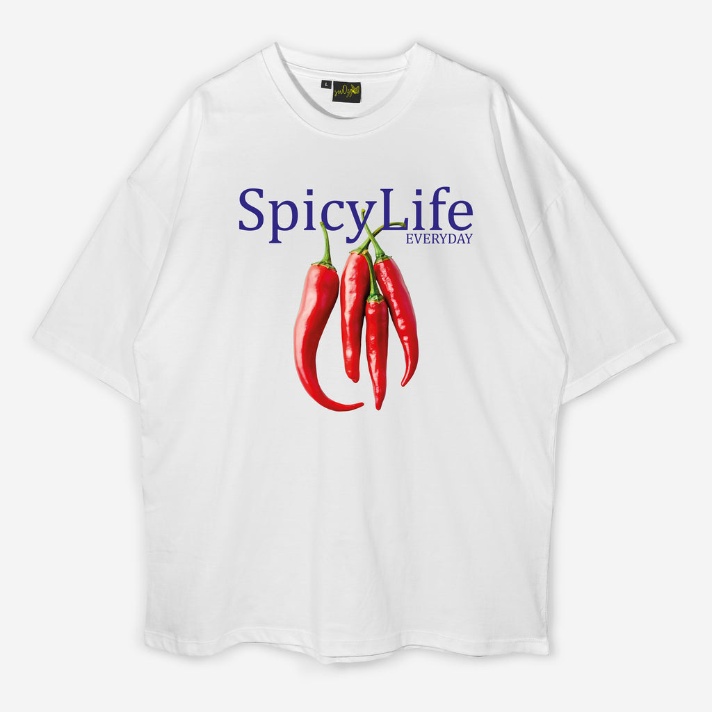 Spicy Life Kırmızı Biber Baskılı Kadın Oversize Beyaz Tshirt