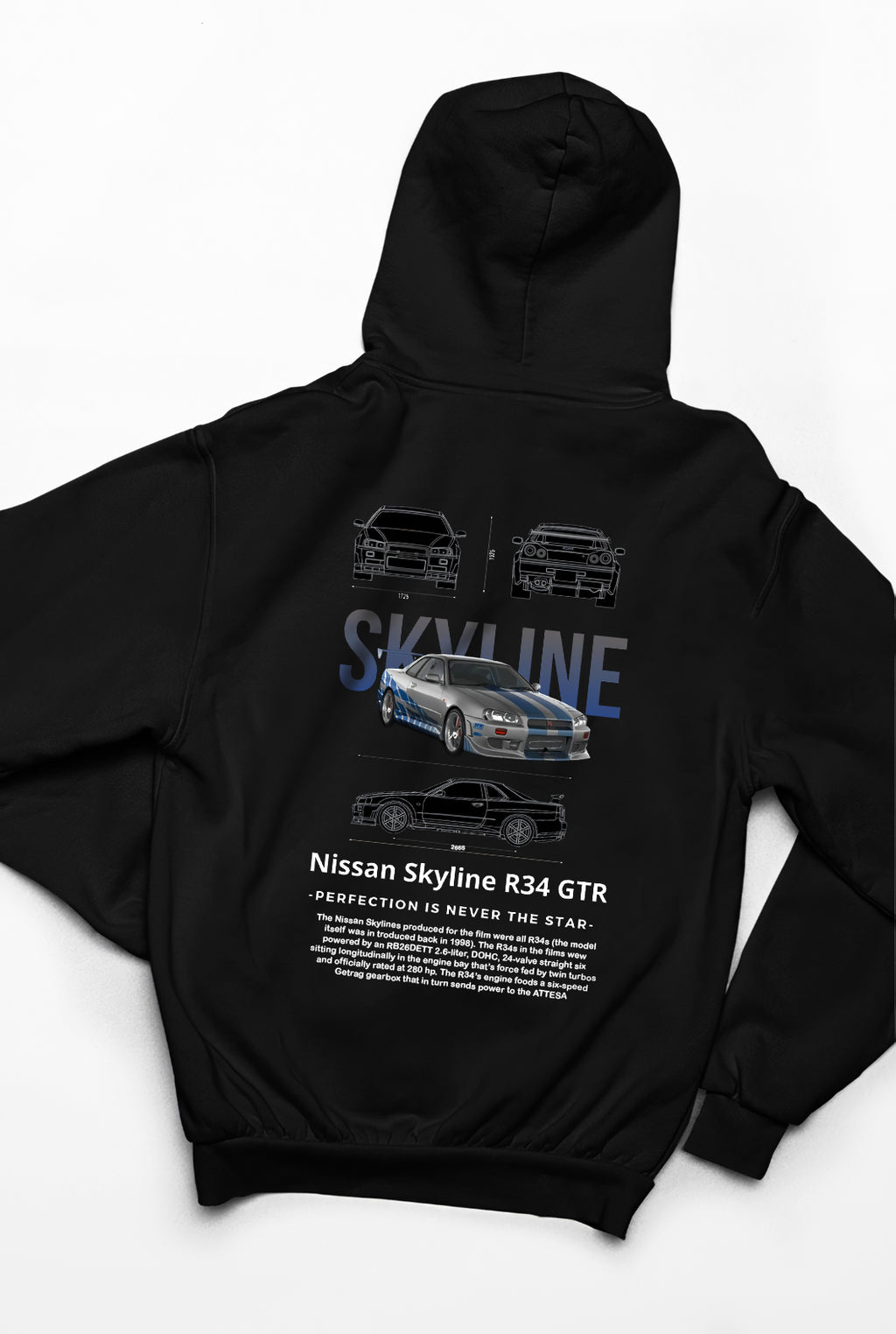 Nissan Skyline Ön ve Sırt Baskılı Siyah Unisex Oversize Sweatshirt Hoodie