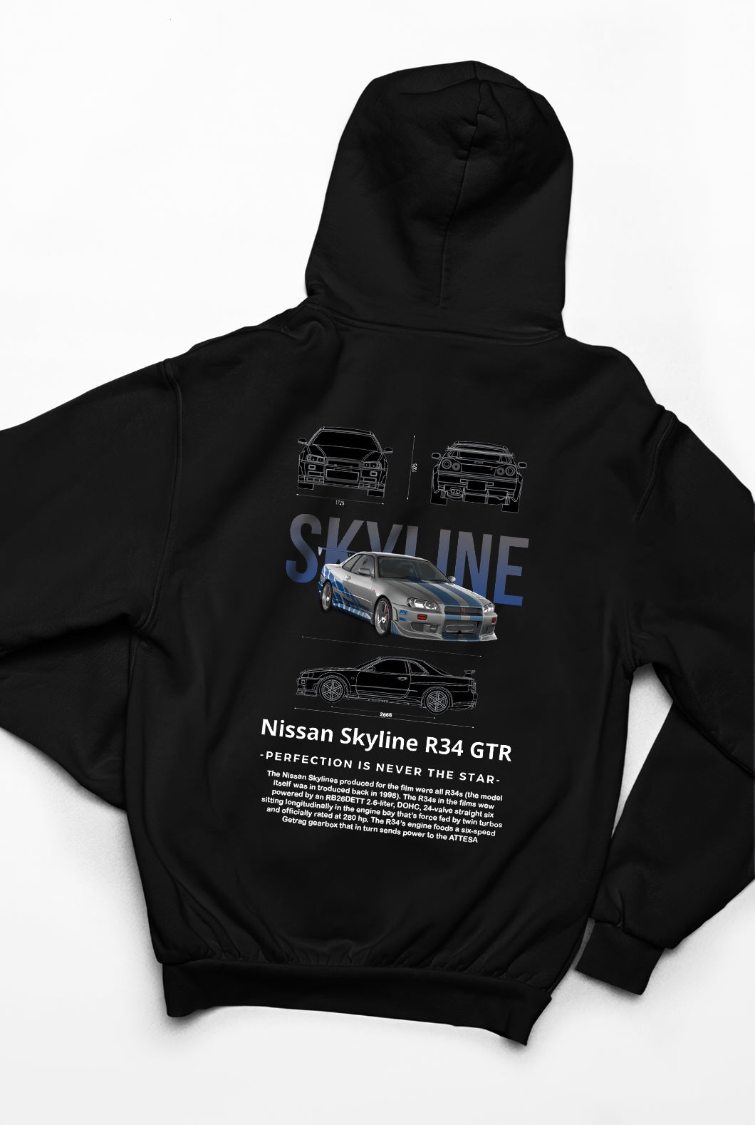 Nissan Skyline Ön ve Sırt Baskılı Siyah Unisex Oversize Sweatshirt Hoodie