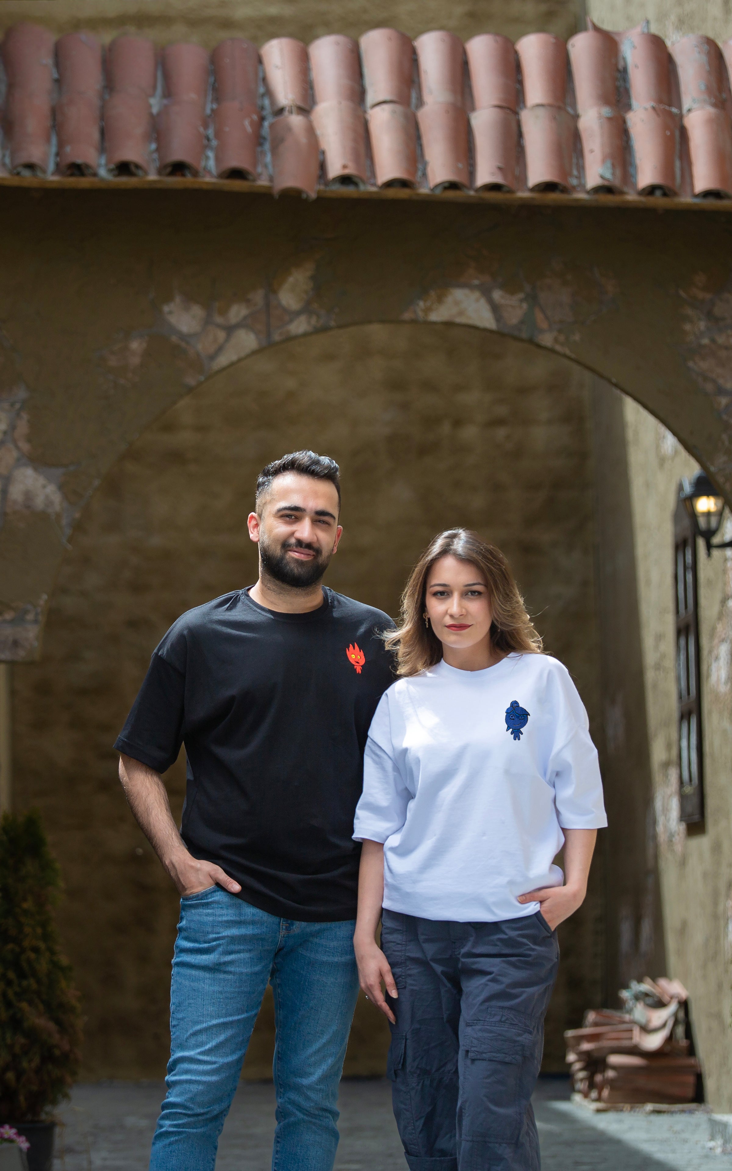 Ateş ve Su Nakışlı Premium Çift Kombini 2 Adet Tshirt Sevgili Kombini