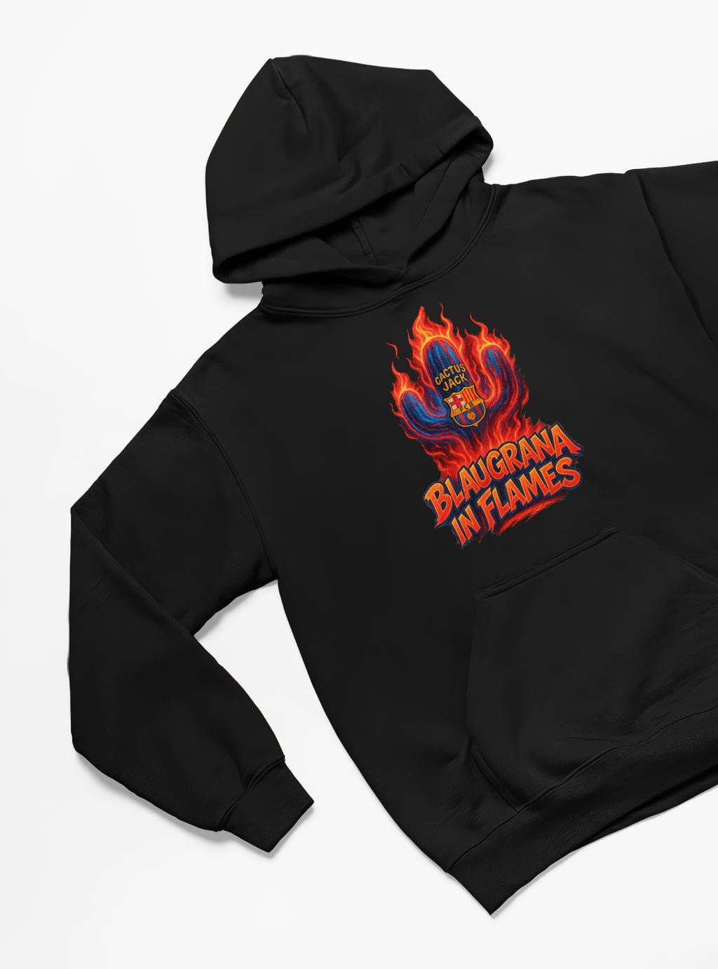 Barcelona x Cactus Jack Hoodie – Blaugrana in Flames, Limited Edition, Unisex Oversize Kapüşonlu Sweatshirt, 3 İplik Şardonlu