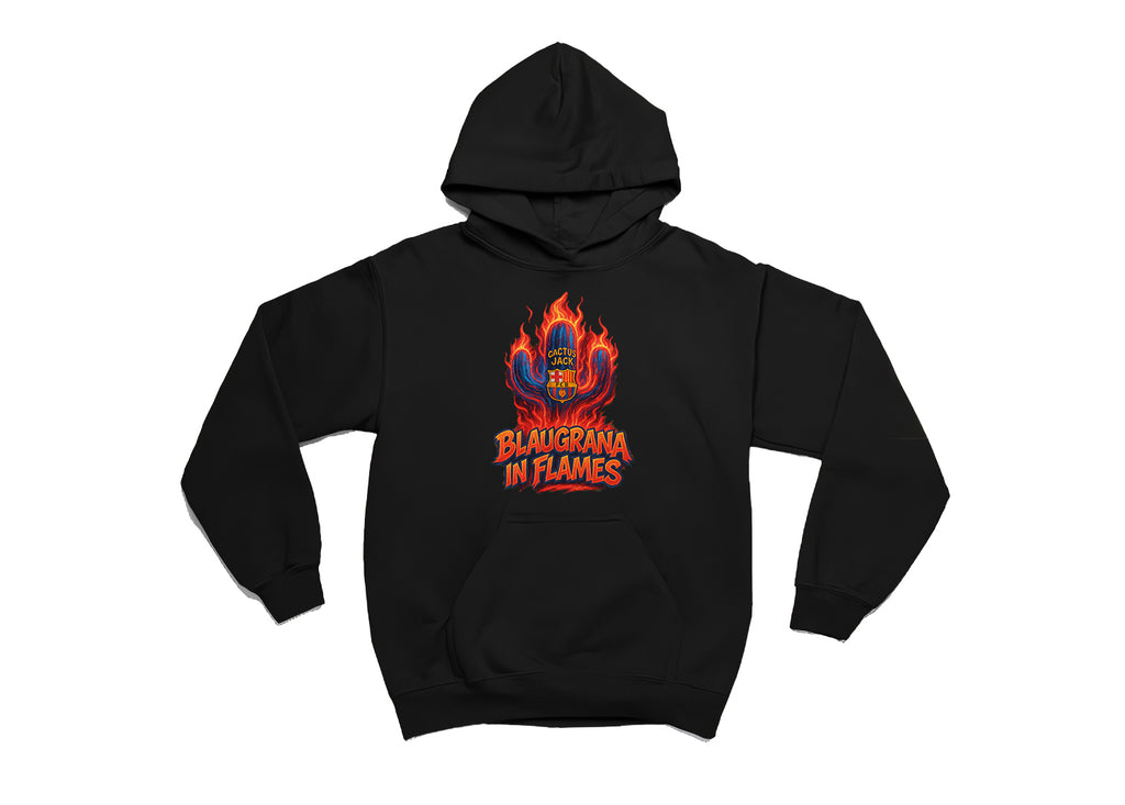 Barcelona x Cactus Jack Hoodie – Blaugrana in Flames, Limited Edition, Unisex Oversize Kapüşonlu Sweatshirt, 3 İplik Şardonlu