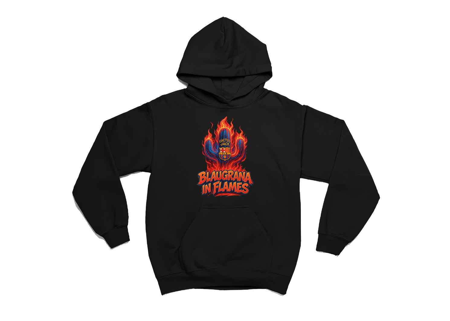 Barcelona x Cactus Jack Hoodie – Blaugrana in Flames, Limited Edition, Unisex Oversize Kapüşonlu Sweatshirt, 3 İplik Şardonlu
