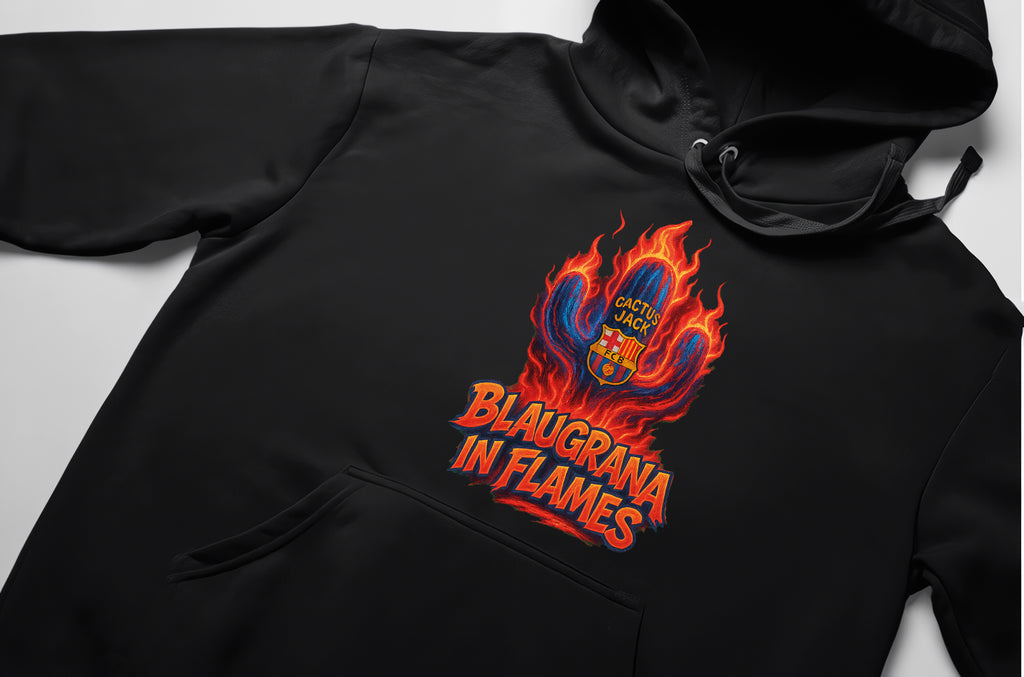 Barcelona x Cactus Jack Hoodie – Blaugrana in Flames, Limited Edition, Unisex Oversize Kapüşonlu Sweatshirt, 3 İplik Şardonlu