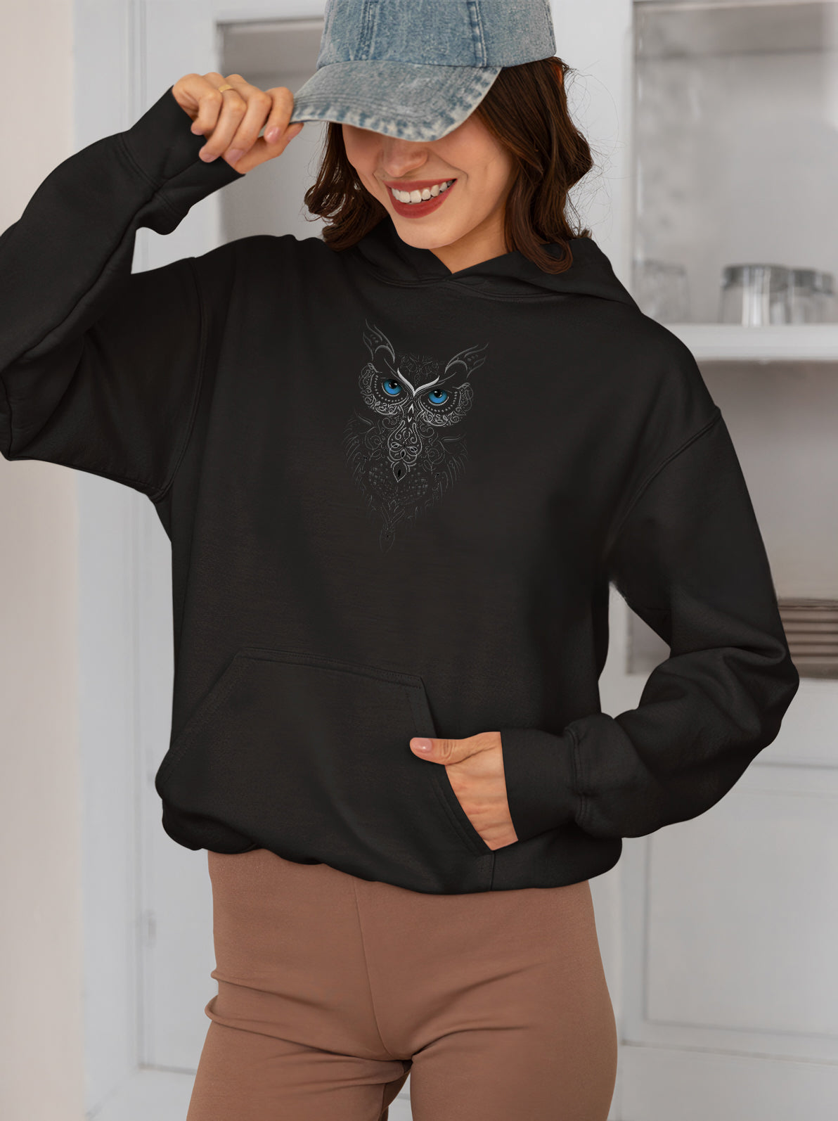 Baykuş Baskılı 3 iplik kalın kışlık Özel Tasarım Sweatshirt Hoodie