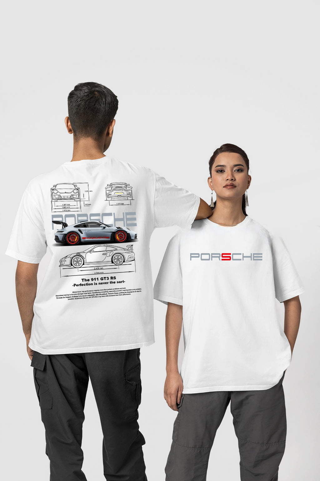 Porsche Ön ve Sırt Baskılı Yüksek Kaliteli Unisex Beyaz ve Siyah Regular Tshirt