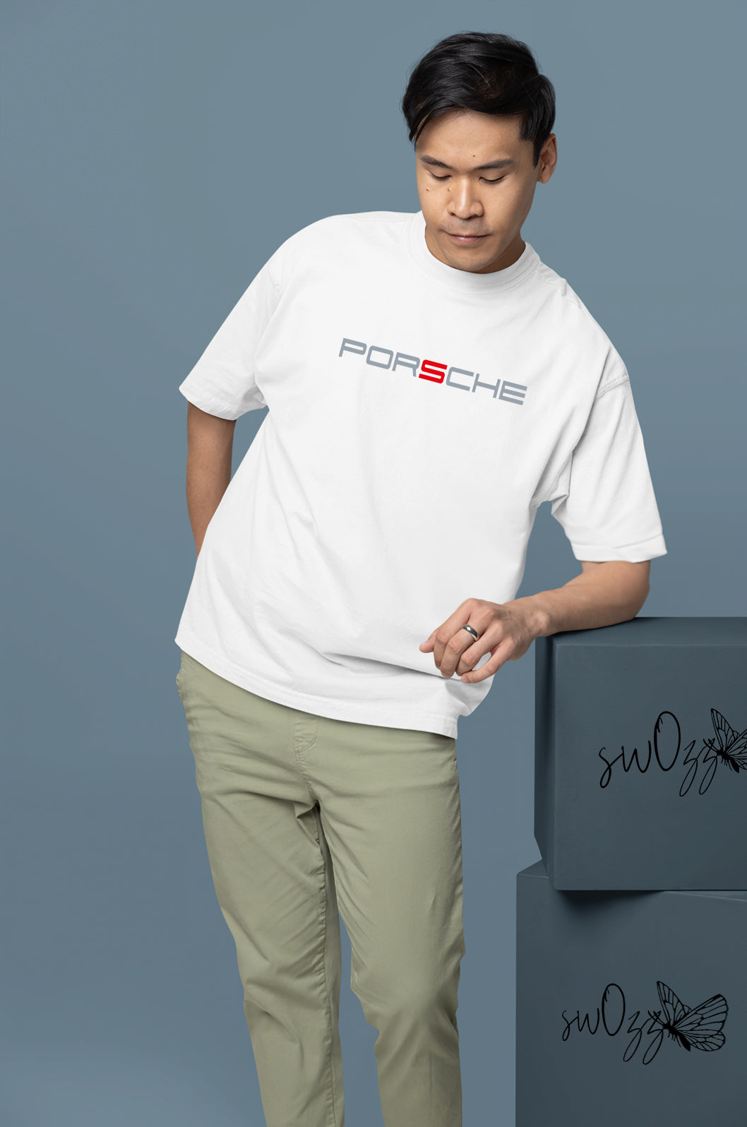 Porsche Ön ve Sırt Baskılı Yüksek Kaliteli Unisex Beyaz ve Siyah Regular Tshirt