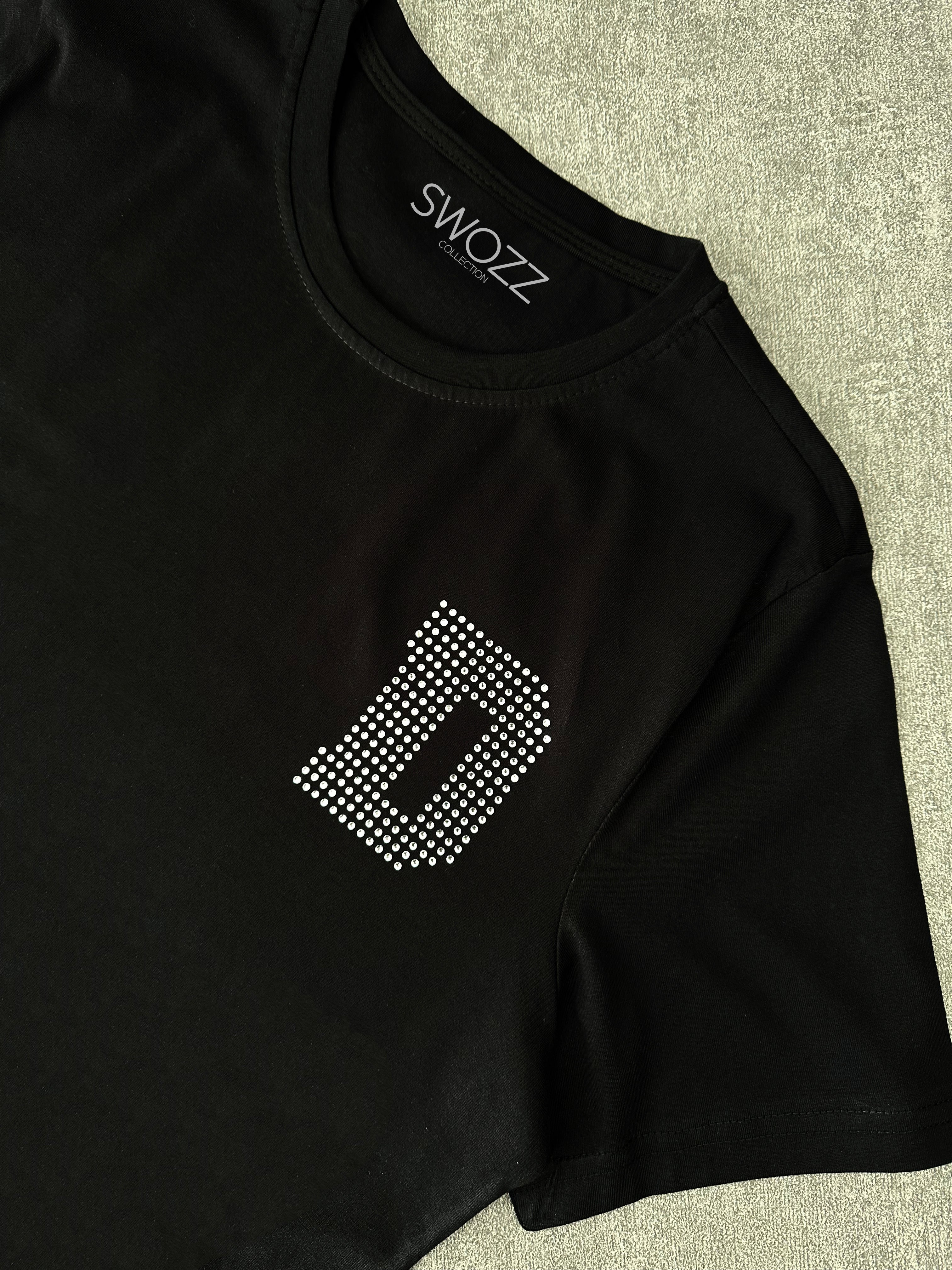 Taş Kristal Harf Baskılı Regular Tişört Unisex Premium Kumaş Siyah