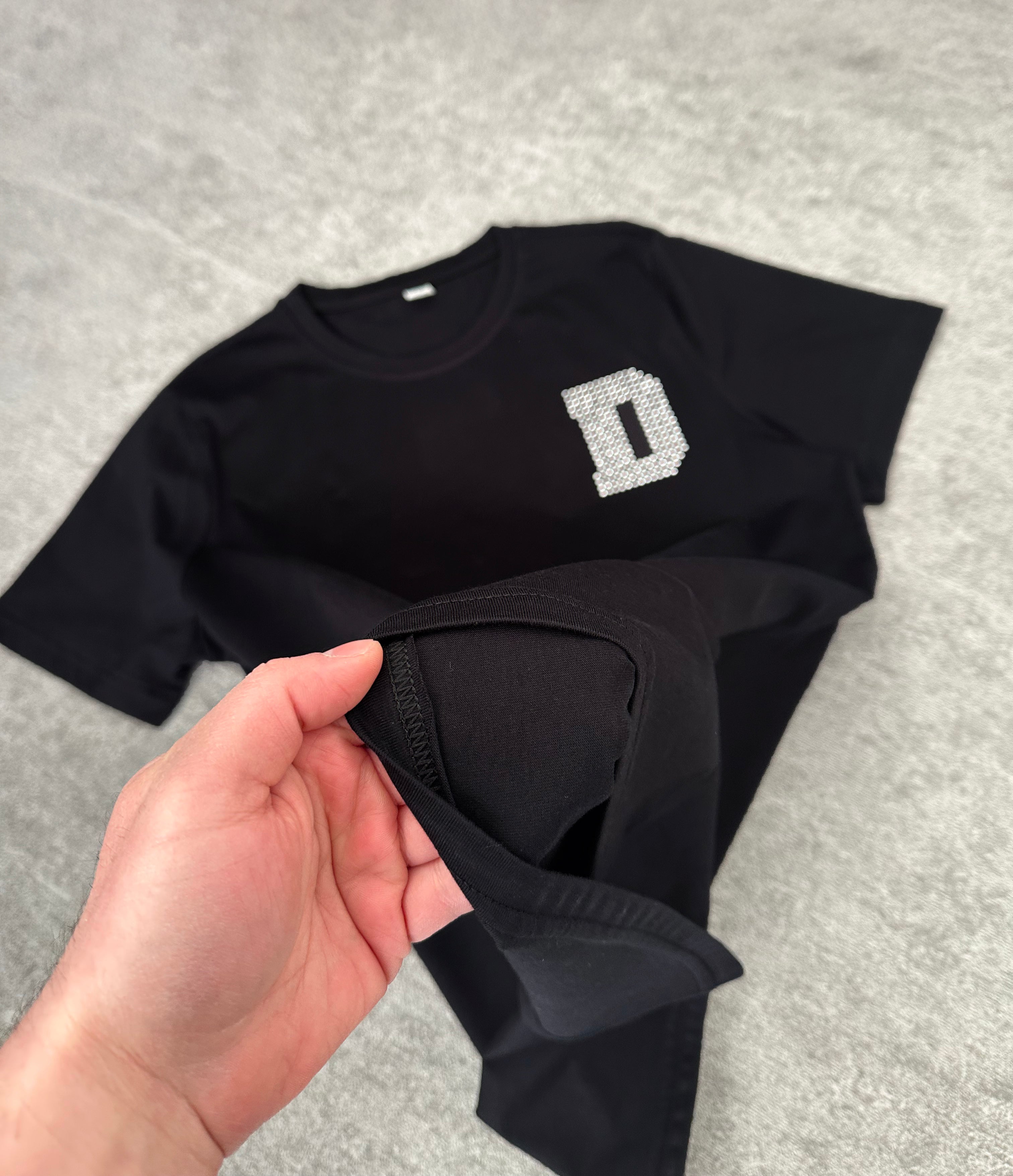 Taş Kristal Harf Baskılı Regular Tişört Unisex Premium Kumaş Siyah