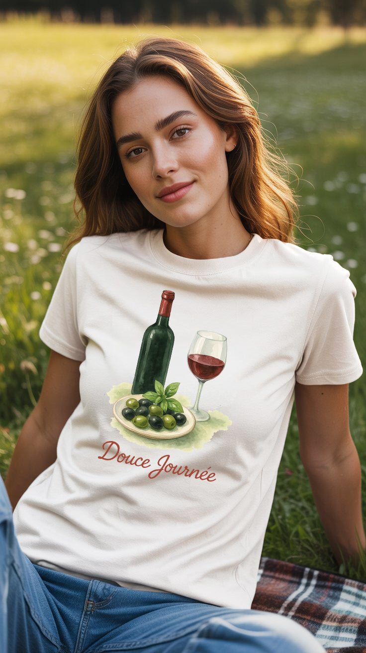 Beyaz Pamuklu Kadın Tişört – Şarap & Zeytin Suluboya Baskı | Yazlık Regular Fit Özel Tasarım