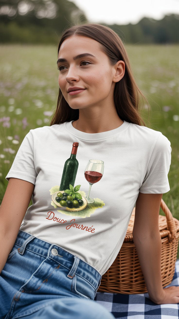 Beyaz Pamuklu Kadın Tişört – Şarap & Zeytin Suluboya Baskı | Yazlık Regular Fit Özel Tasarım