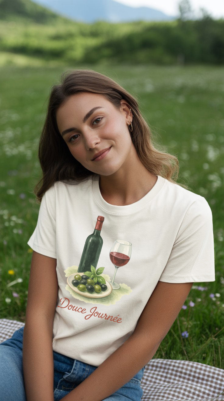 Beyaz Pamuklu Kadın Tişört – Şarap & Zeytin Suluboya Baskı | Yazlık Regular Fit Özel Tasarım