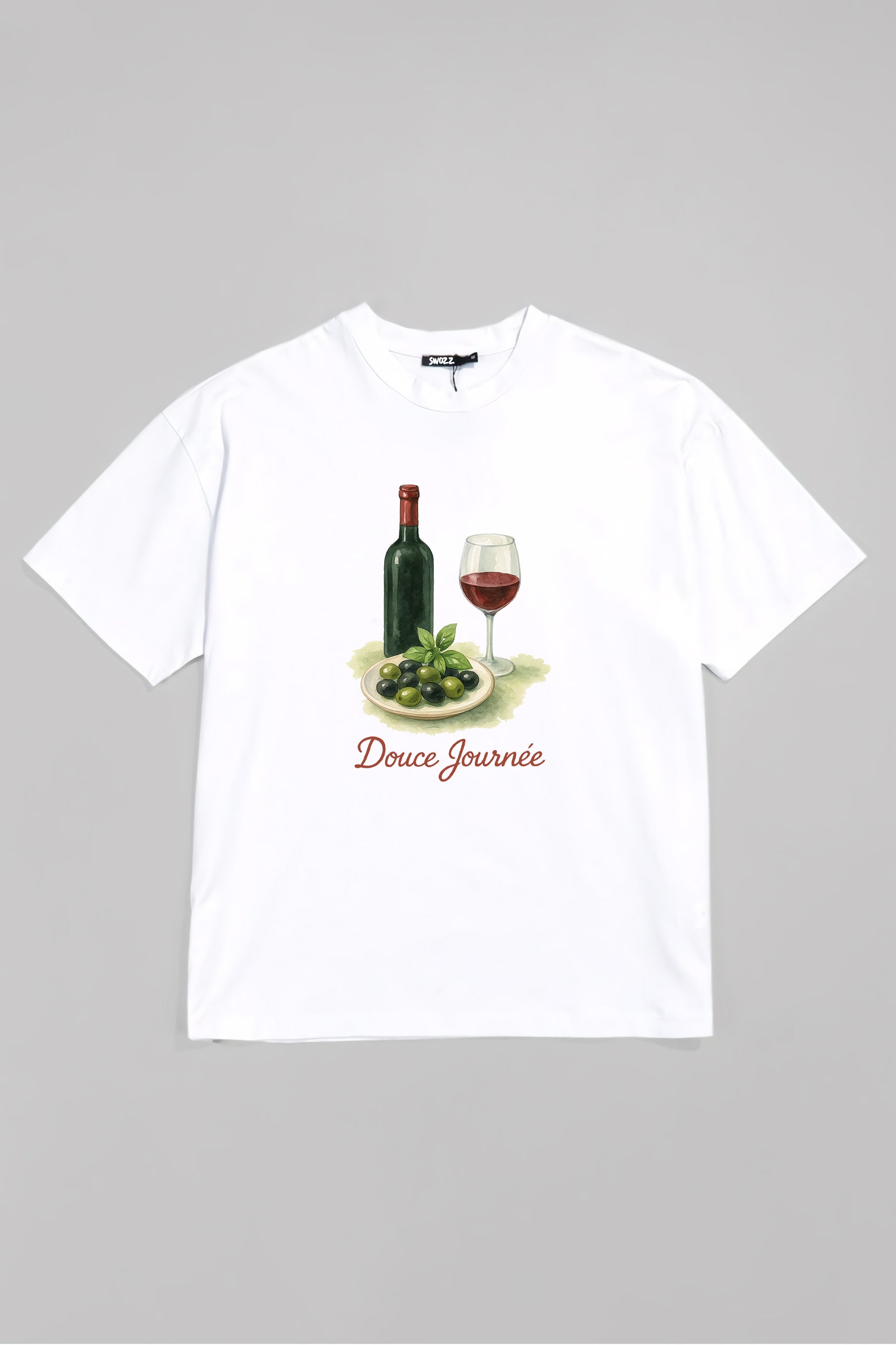 Beyaz Pamuklu Kadın Tişört – Şarap & Zeytin Suluboya Baskı | Yazlık Regular Fit Özel Tasarım