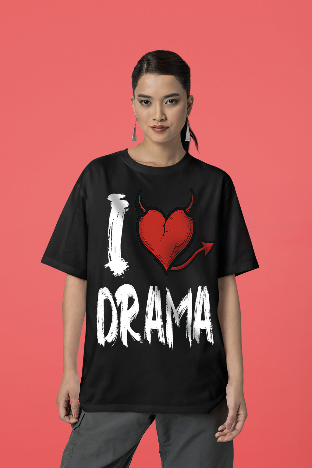 I Love Drama Tasarımı Siyah Regular Unisex Yazılı Tişört  | Sokak Stili Baskılı Model
