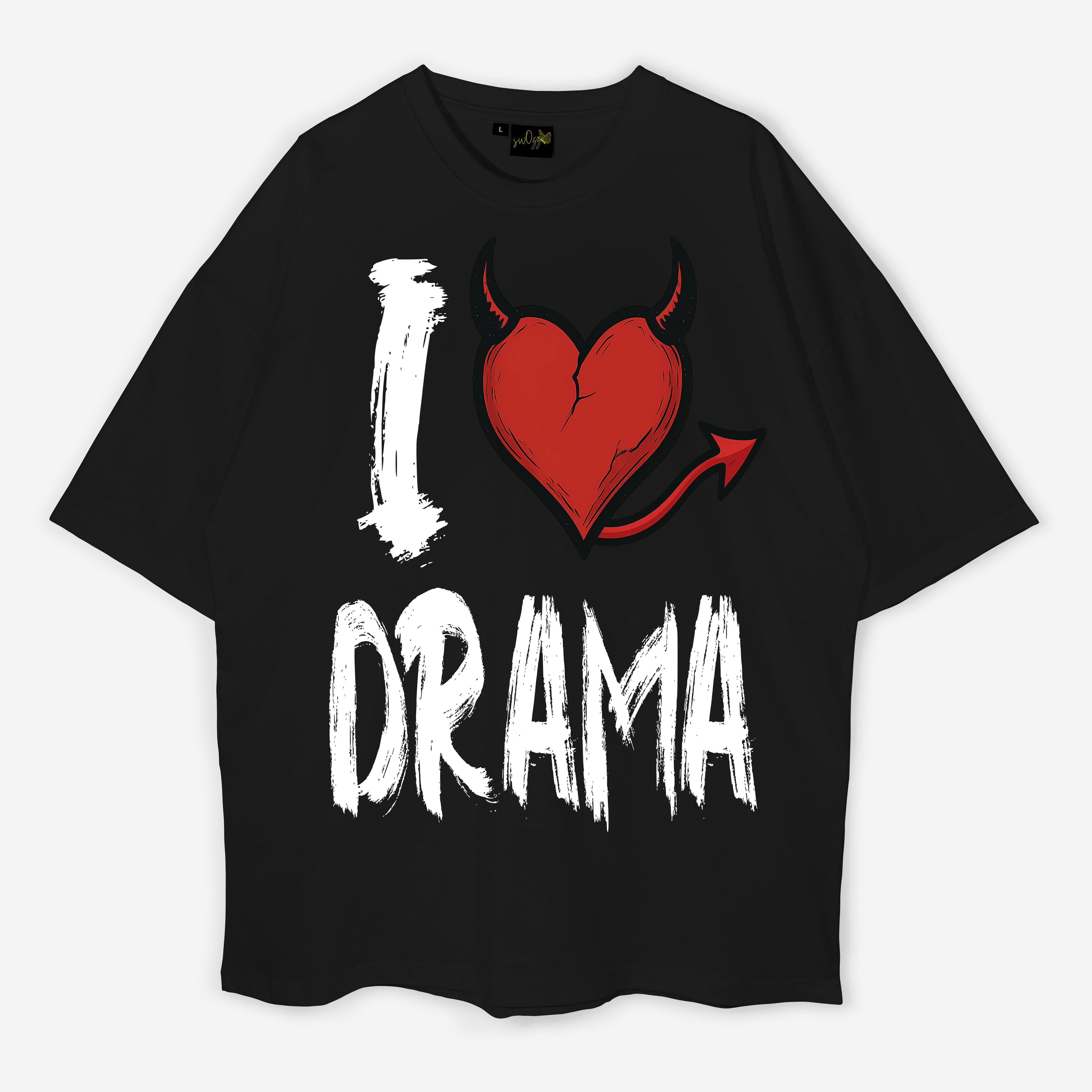 I Love Drama Tasarımı Siyah Regular Unisex Yazılı Tişört  | Sokak Stili Baskılı Model