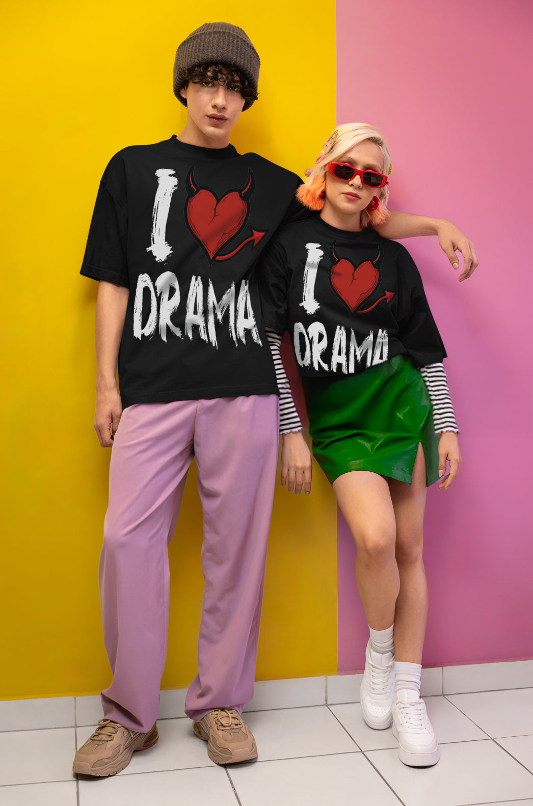 I Love Drama Tasarımı Siyah Regular Unisex Yazılı Tişört  | Sokak Stili Baskılı Model