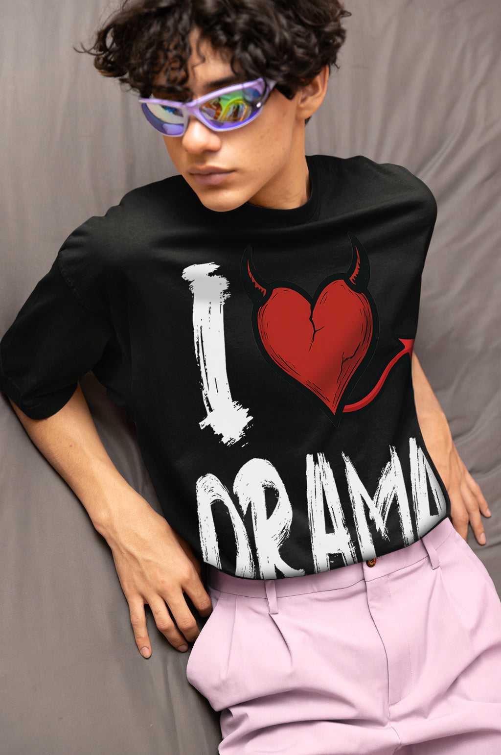 I Love Drama Tasarımı Siyah Regular Unisex Yazılı Tişört  | Sokak Stili Baskılı Model