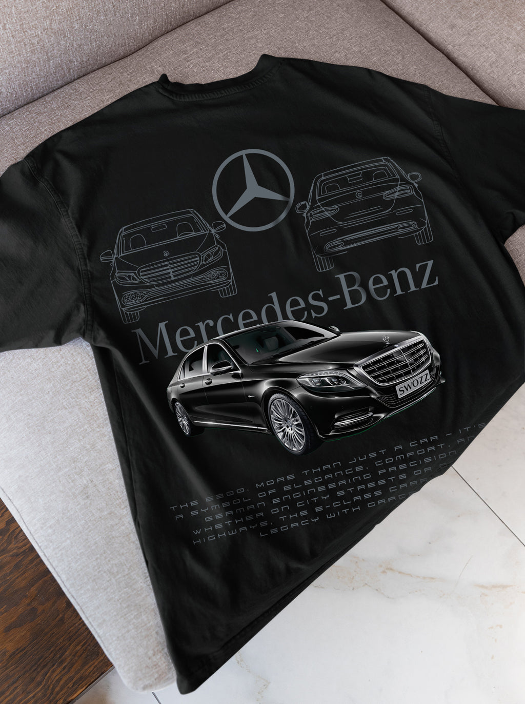 Siyah Mercedes-Benz E200 Tasarımlı Regular Unisex Tişört Swozz Özel Seri