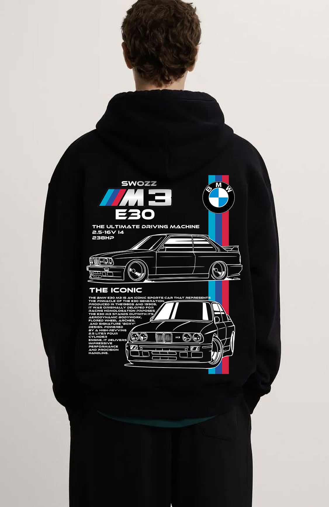 BMW E30 ön ve sırt baskılı Siyah 3 Ip Kalın Kumaş Unisex Sweatshirt Hoodie