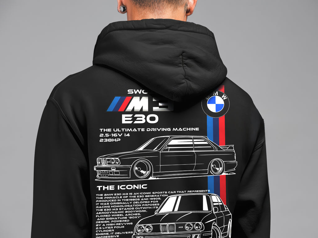 BMW E30 ön ve sırt baskılı Siyah 3 Ip Kalın Kumaş Unisex Sweatshirt Hoodie