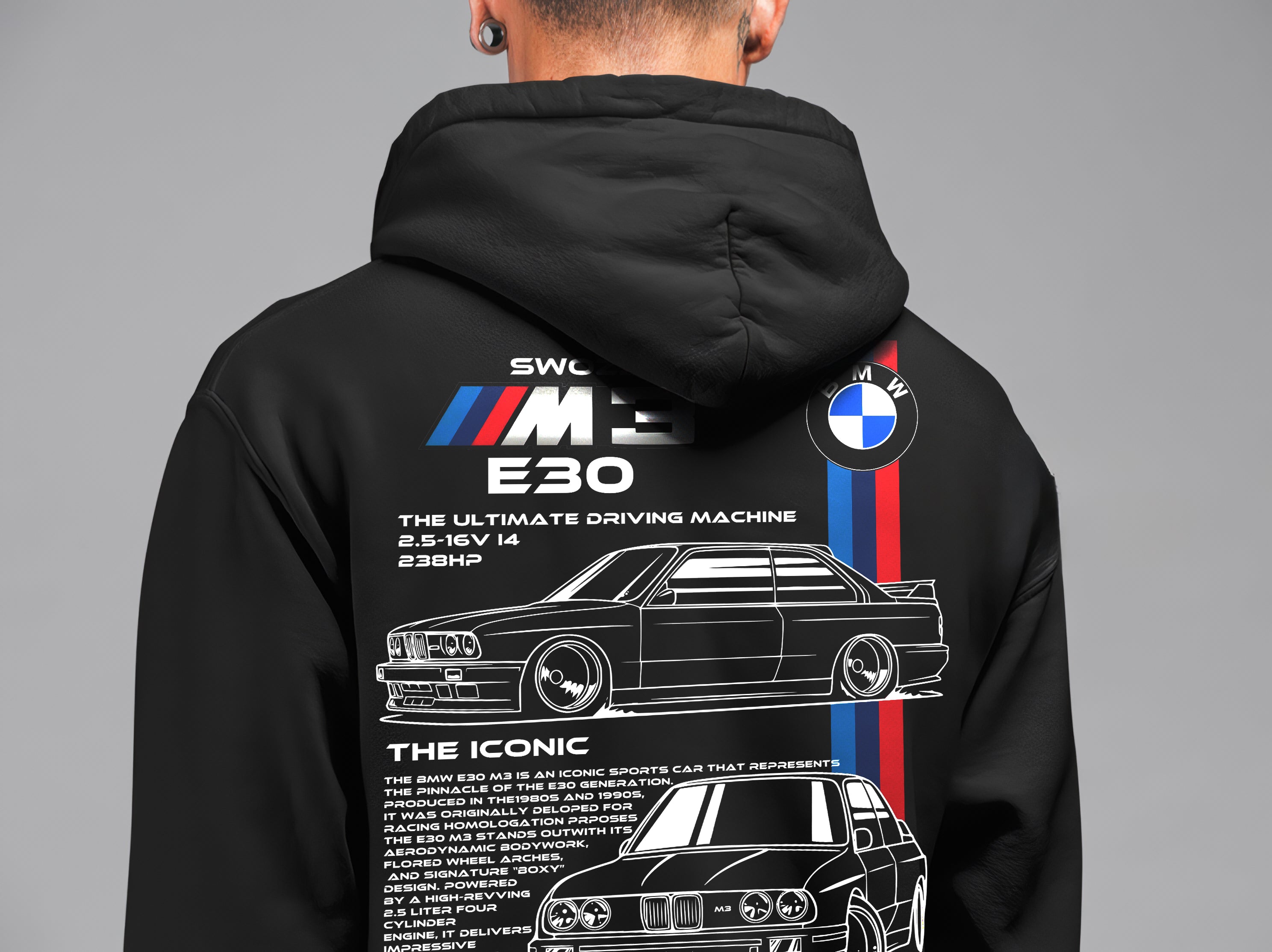 BMW E30 ön ve sırt baskılı Siyah 3 Ip Kalın Kumaş Unisex Sweatshirt Hoodie
