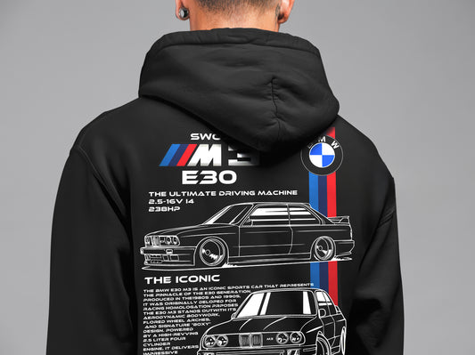 BMW E30 ön ve sırt baskılı Siyah 3 Ip Kalın Kumaş Unisex Sweatshirt Hoodie