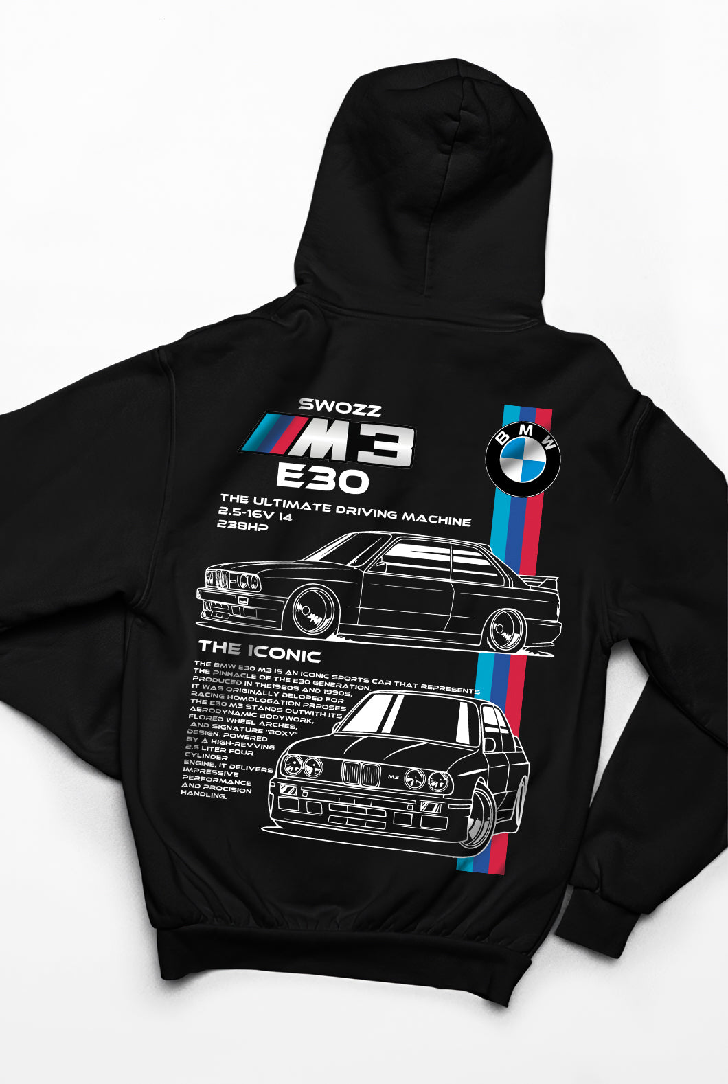 BMW E30 ön ve sırt baskılı Siyah 3 Ip Kalın Kumaş Unisex Sweatshirt Hoodie