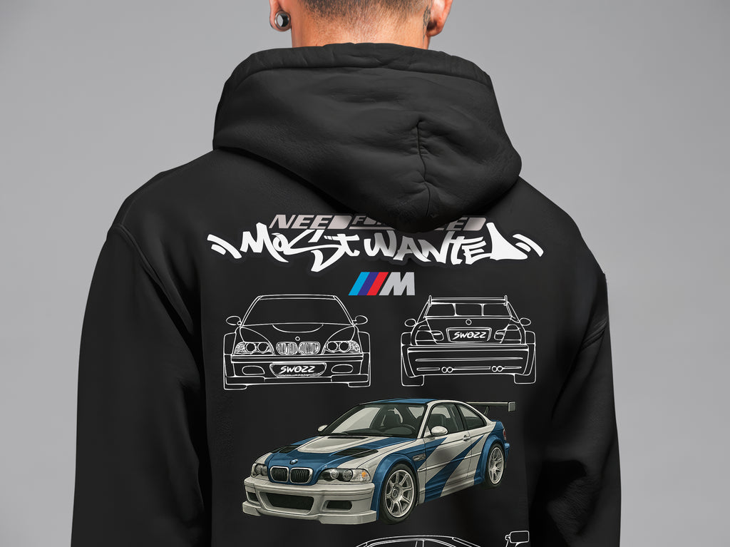 BMW E46 Most Wanted Hoodie – Araba Koleksiyonu, Unisex Oversize Kapüşonlu Sweatshirt, 3 İplik Şardonlu